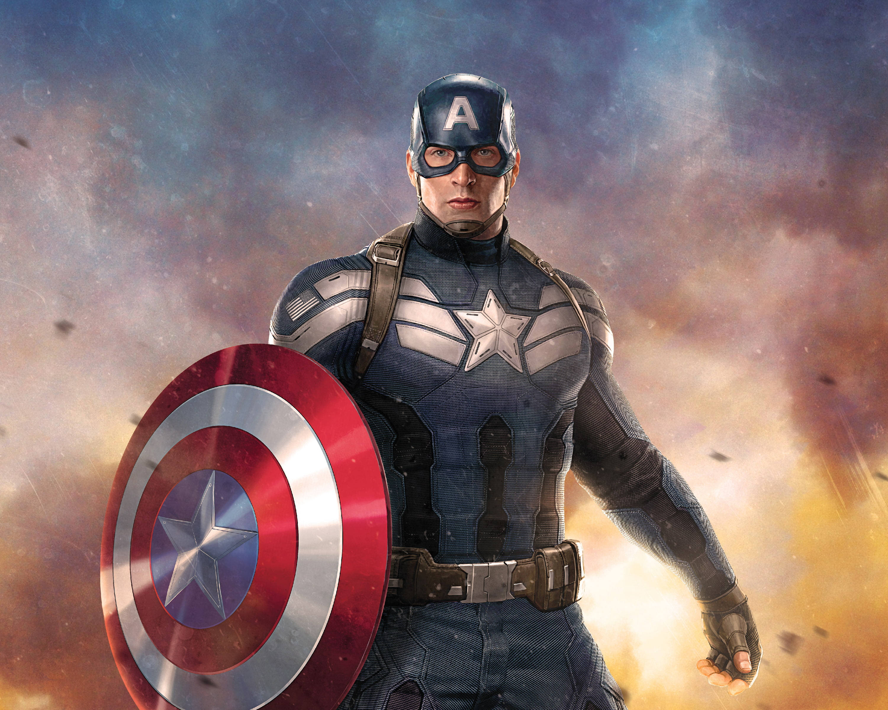 Marvel Captain America 桌布 壁紙 — 美國隊長英雄地手持標誌性盾牌，背景是宇宙爆炸。