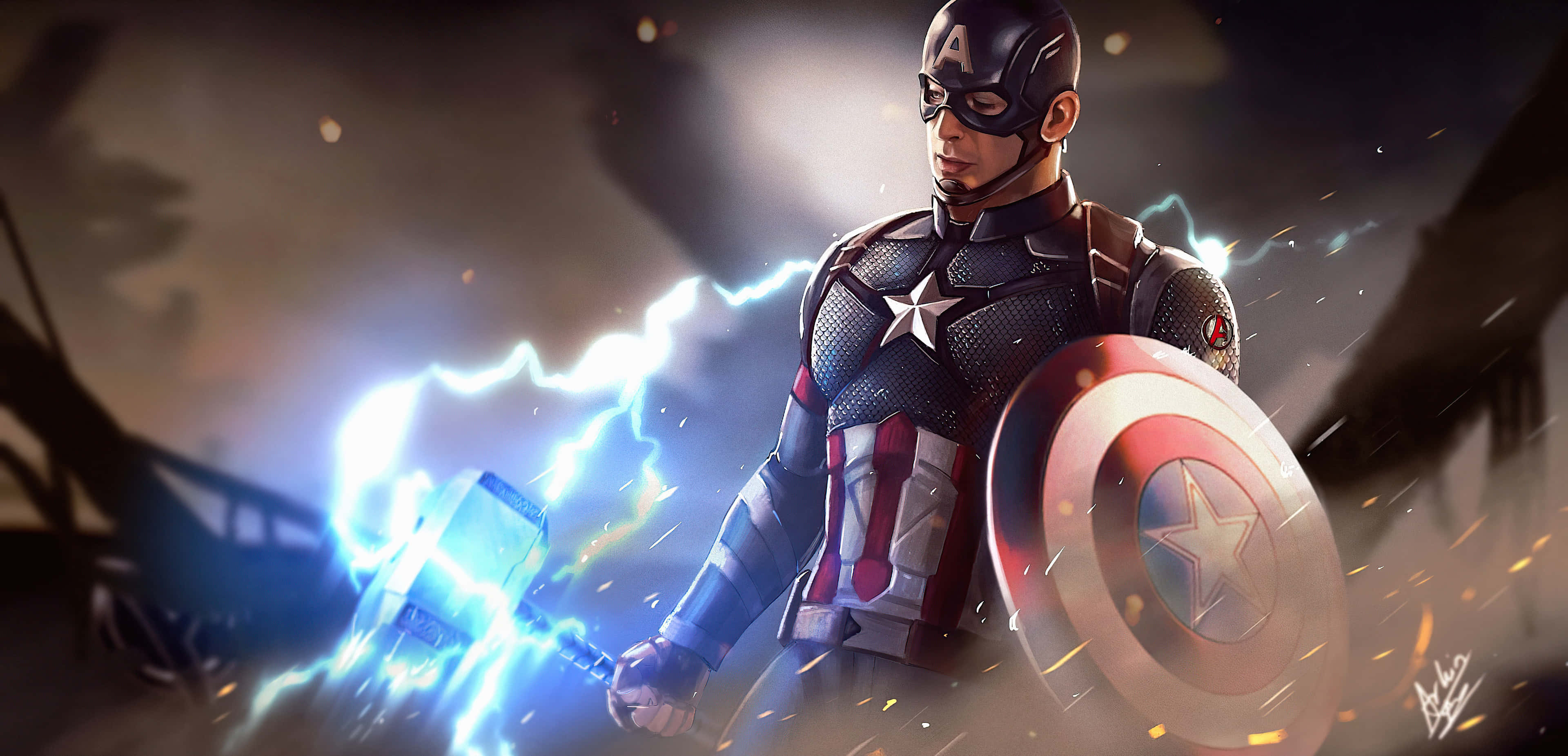 Captain America Cool 桌布 壁紙 — 美國隊長英雄地揮舞著索爾發光的鎚子，周圍閃電劈啪作響，火花四濺。