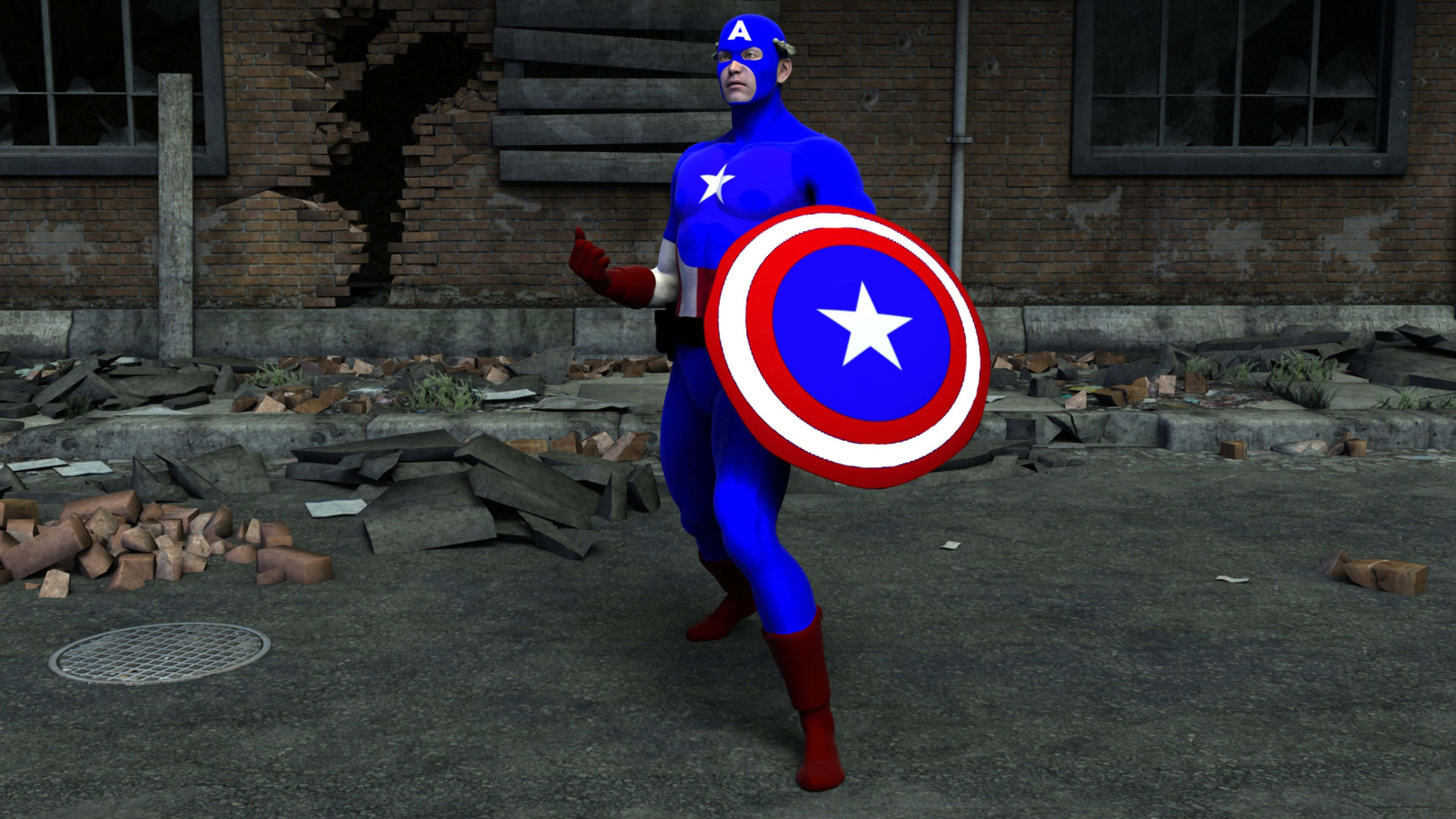 4K Captain America 桌布 壁紙 — 美國隊長英雄式地站在一個破損的磚造建築庭院中，手持他標誌性的盾牌。