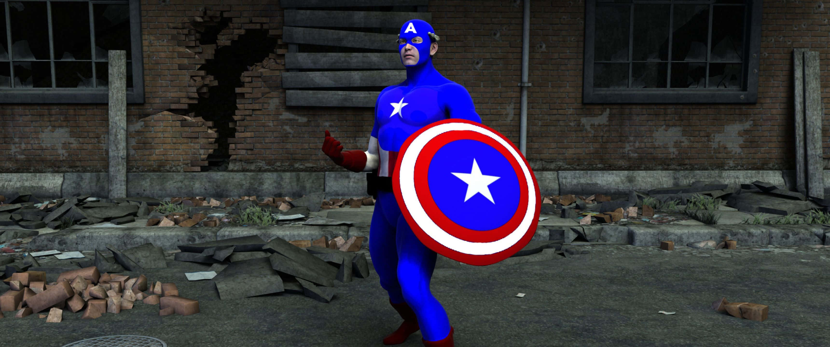 3440x1440p Captain America 桌布 壁紙 — 美國隊長英雄式地站在一座破舊的磚造建築前，手持他標誌性的盾牌。