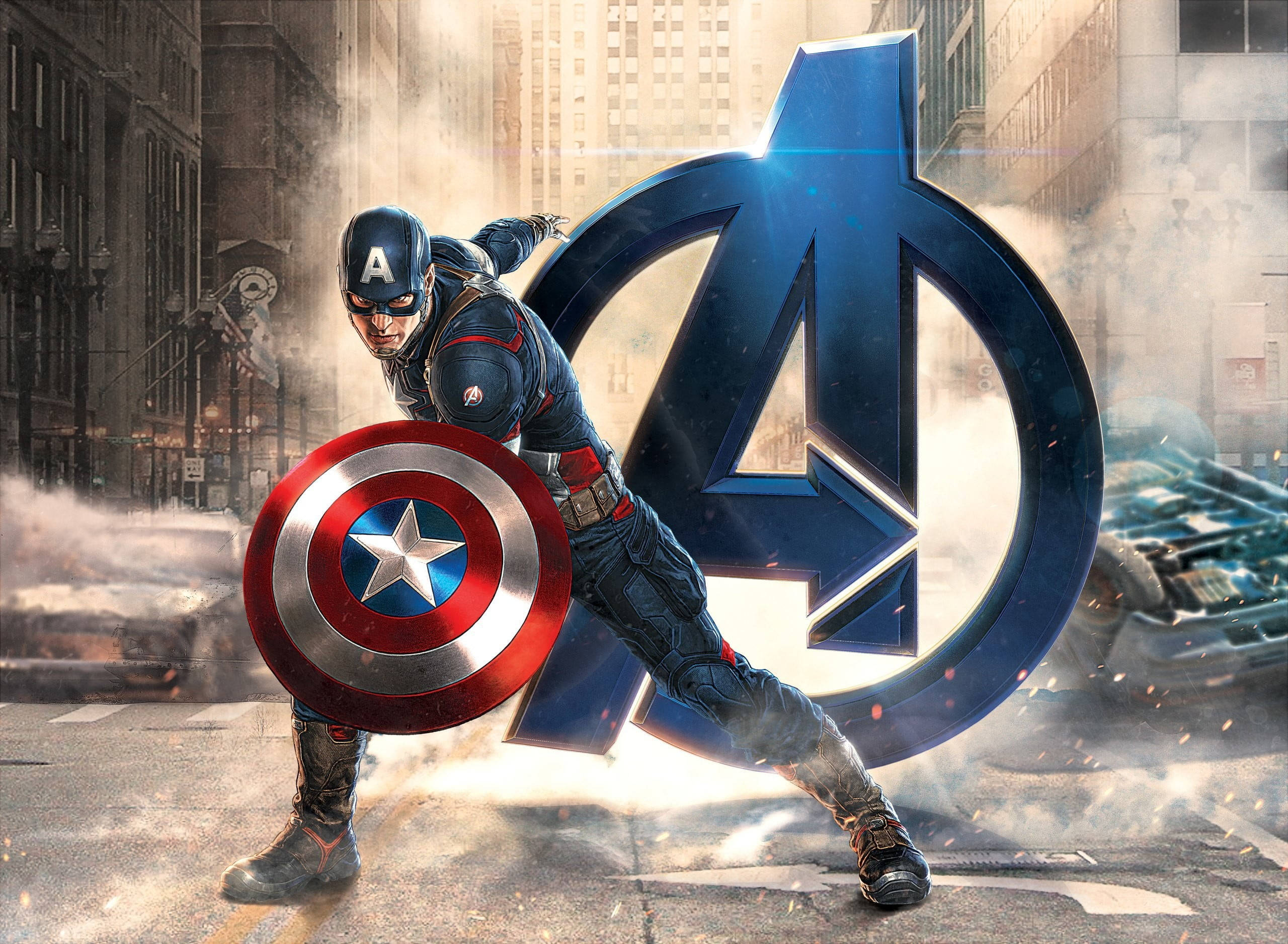 Marvel Captain America 桌布 壁紙 — 美國隊長英雄式地站在城市街道上，手持盾牌，復仇者聯盟標誌在他身後煙霧和瓦礫中閃耀。