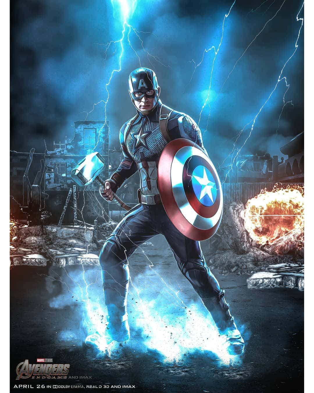 Captain Marvel 3d 桌布 壁紙 — 美國隊長英雄式地站在廢墟城市中，揮舞著盾牌和發光的錘子，周圍閃電擊打。