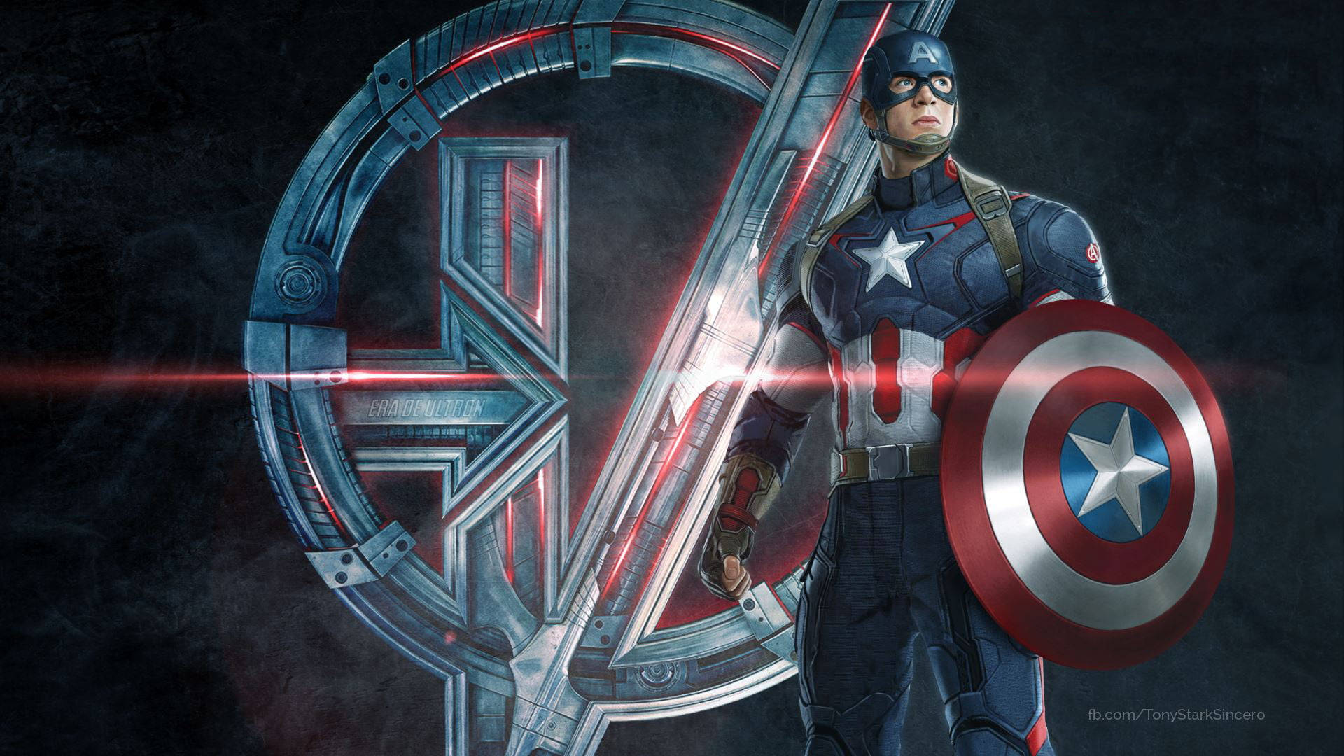 Marvel Captain America 桌布 壁紙 — 美國隊長英雄式地站在發光的復仇者聯盟標誌旁邊，手持盾牌，在黑暗的電影場景中。