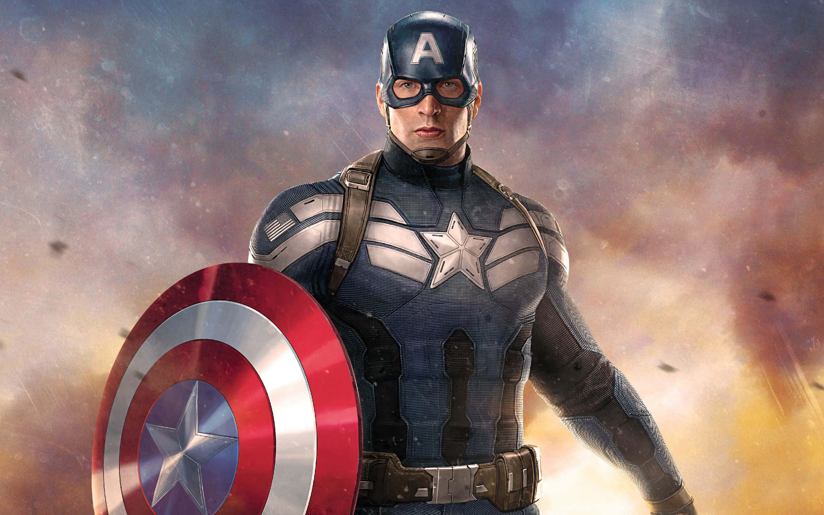 Best Captain America 桌布 壁紙 — 美國隊長英雄式站立，手持標誌性盾牌，背景是熾熱的宇宙。