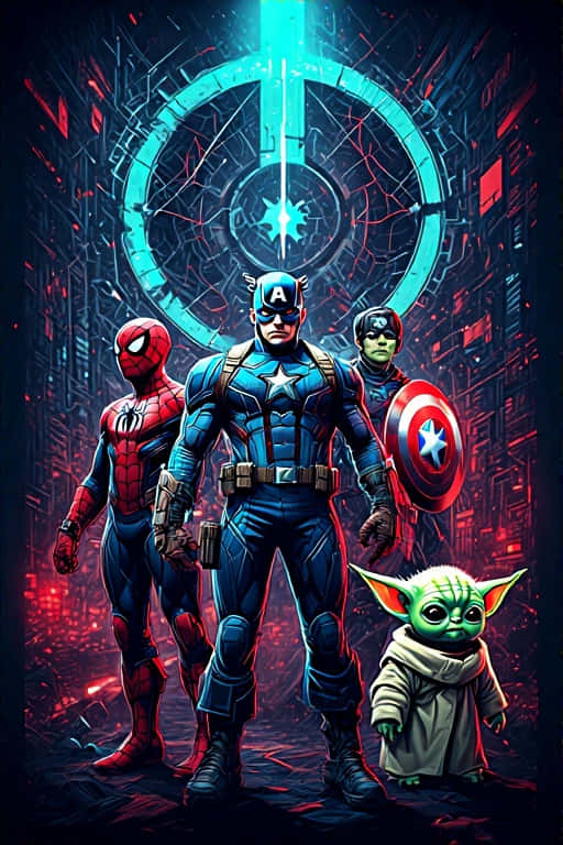 Marvel and Star Wars Fusion 壁紙 — 美國隊長蜘蛛俠和古古站在紅色霓虹燈賽博龐克城市景觀中一個發光的藍色圓形傳送門前。