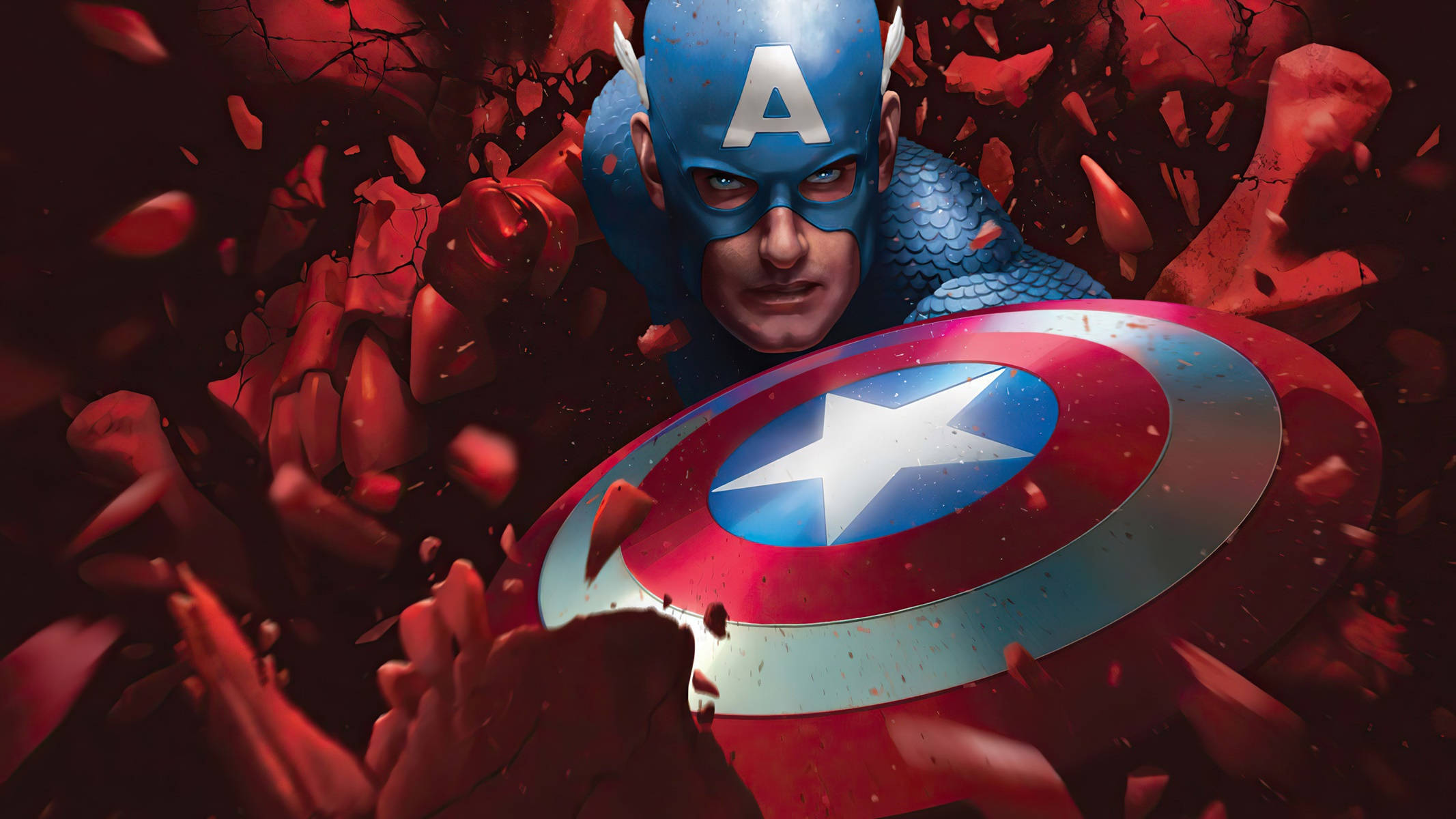 Marvel Captain America 桌布 壁紙 — 美國隊長衝破紅色瓦礫，手持標誌性盾牌，呈現動感漫畫風格。