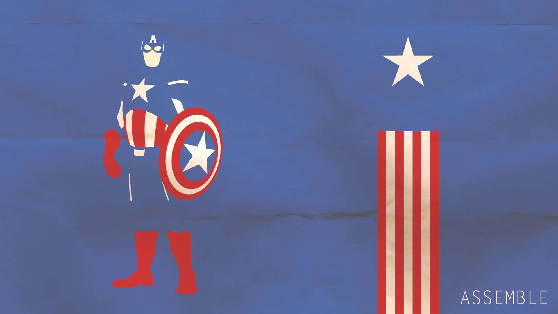 Captain America Logo 桌布 壁紙 — 美國隊長身穿愛國紅、白、藍色服裝，在帶有紋理的美國國旗背景前手持盾牌。