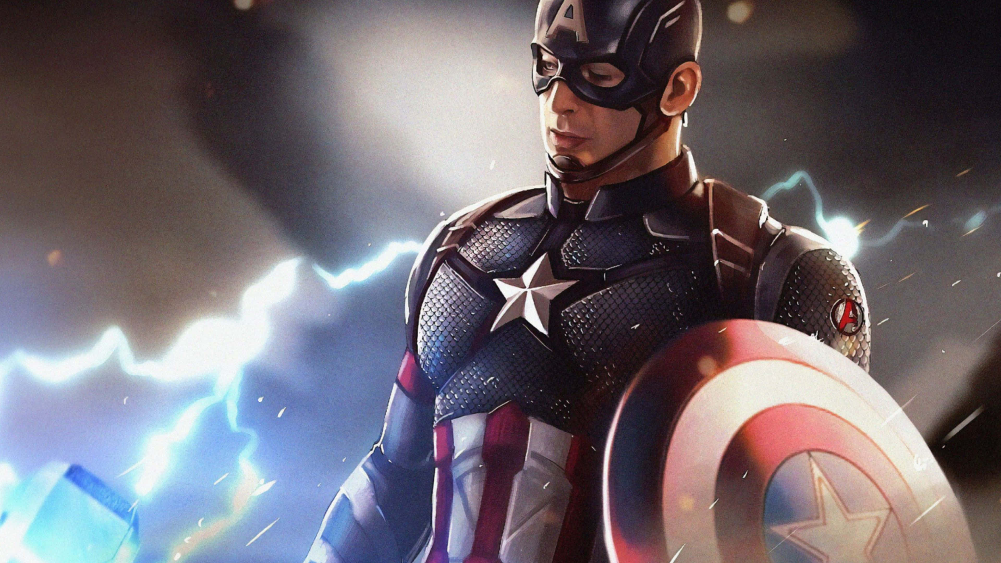 4K Captain America 桌布 壁紙 — 美國隊長身穿標誌性的星條旗戰衣，手持盾牌，身後閃電交加，屹立不搖。