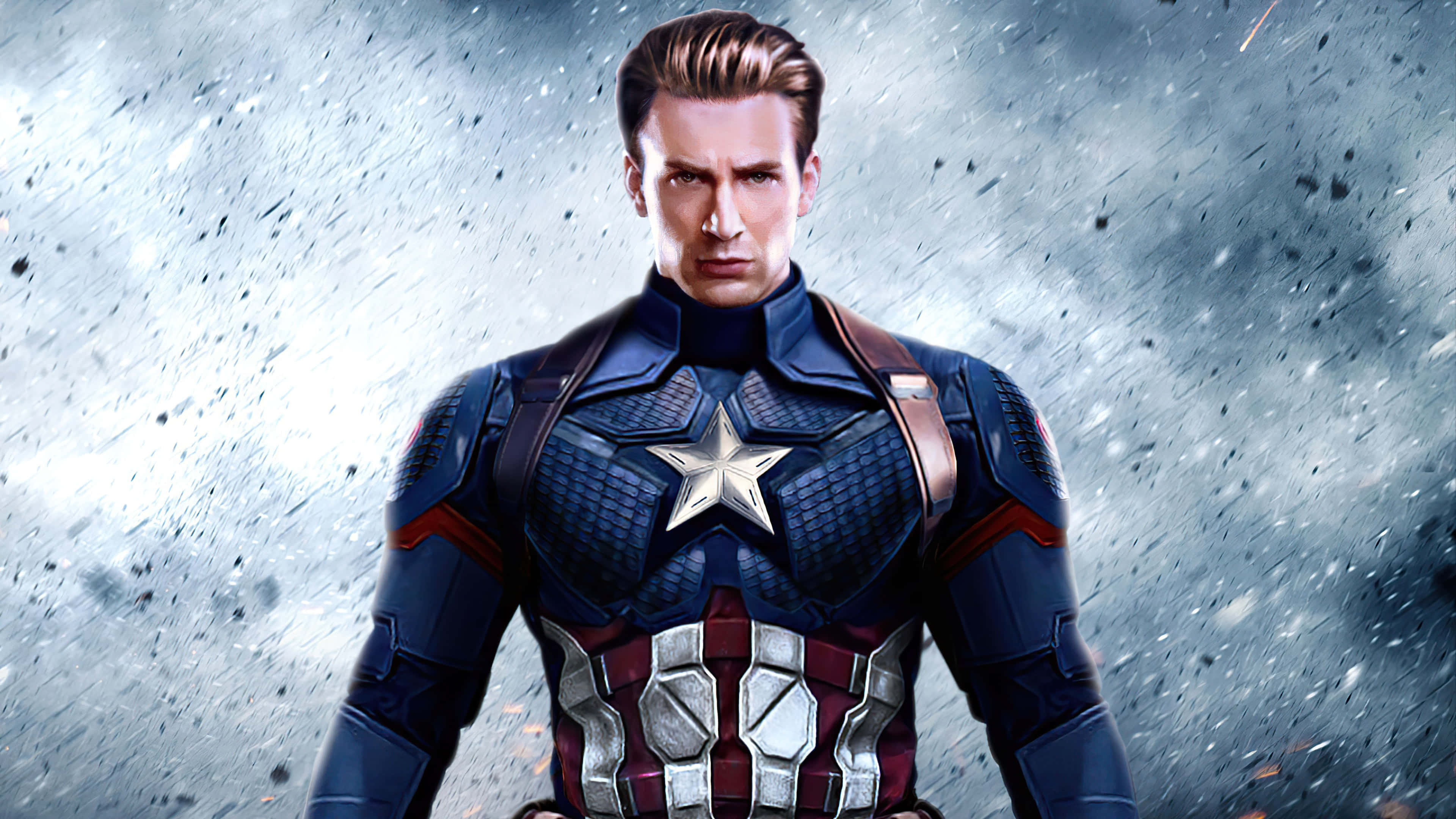 Captain America Desktop 桌布 壁紙 — 美國隊長身穿標誌性的星條旗戰衣，在風暴般的戰場背景下堅定站立。