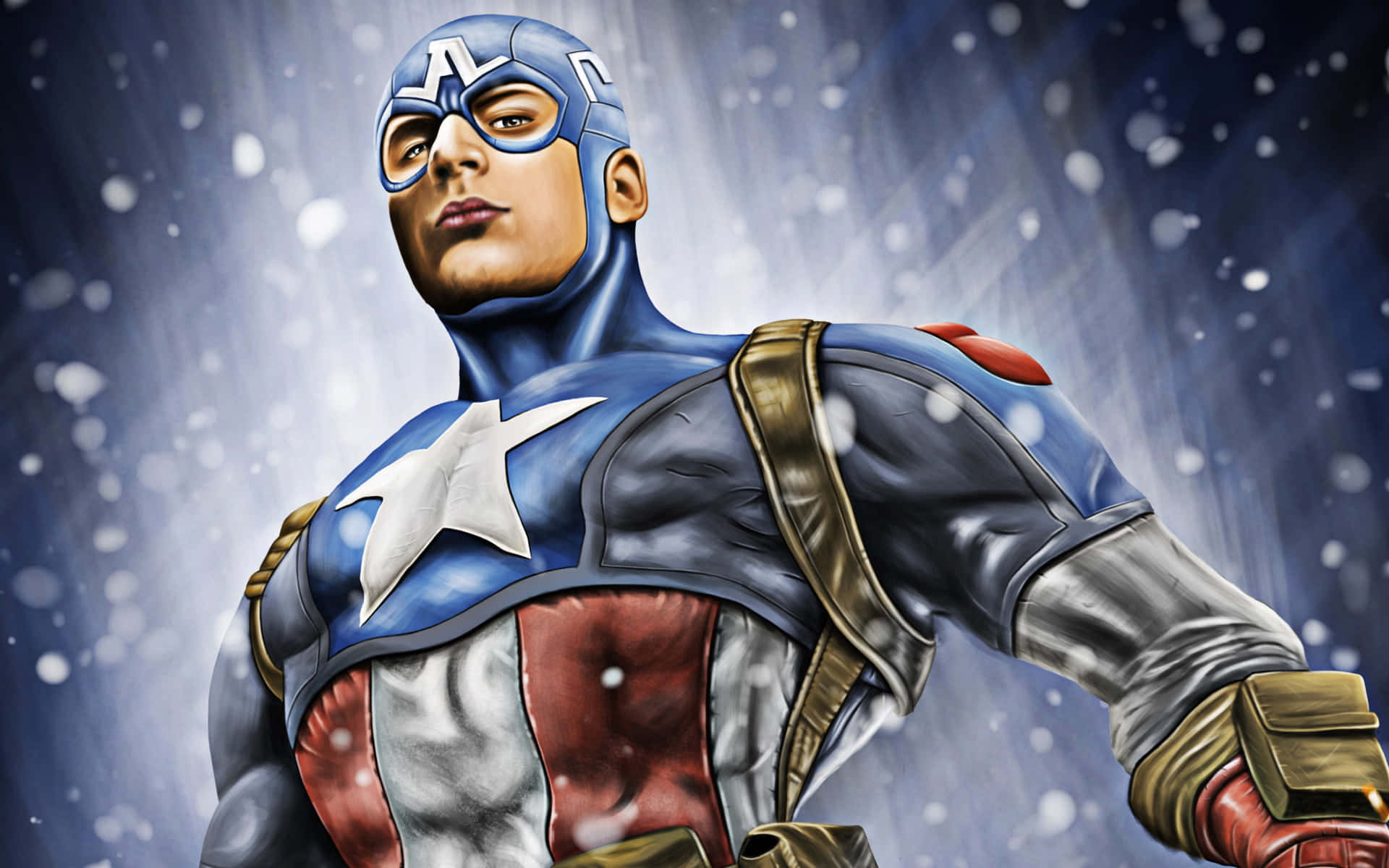 Retro Captain America 桌布 壁紙 — 美國隊長身穿標誌性的藍、紅、白色戰衣，在飄雪的背景下堅定站立。