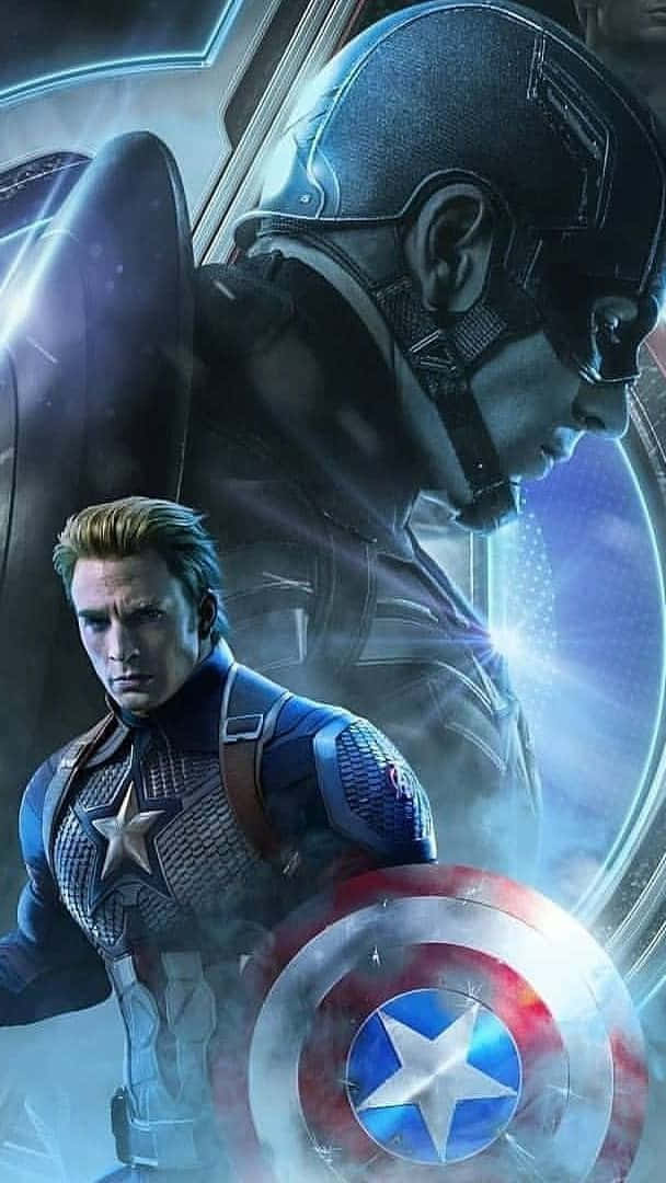 Avengers Endgame iPhone 桌布 壁紙 — 美國隊長身穿標誌性的藍色戰衣，手持星條盾牌，身後有一個發光的能量傳送門，堅定地站立著。
