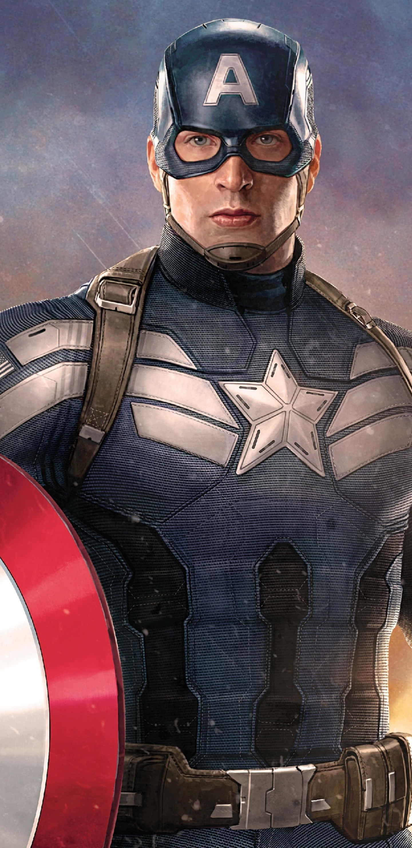 Pixel 3xl Captain America 桌布 壁紙 — 美國隊長身穿標誌性的藍色星條戰衣，在風雨交加的暮色天空下，堅定地舉起紅白盾牌。