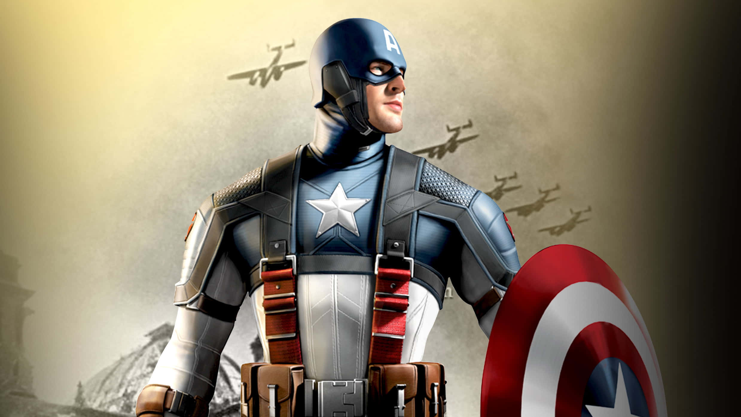 Retro Captain America 桌布 壁紙 — 美國隊長身穿標誌性的藍色星條服裝，堅定地站立，手持圓形盾牌，戰鬥機在朦朧的戰場背景上空飛過。