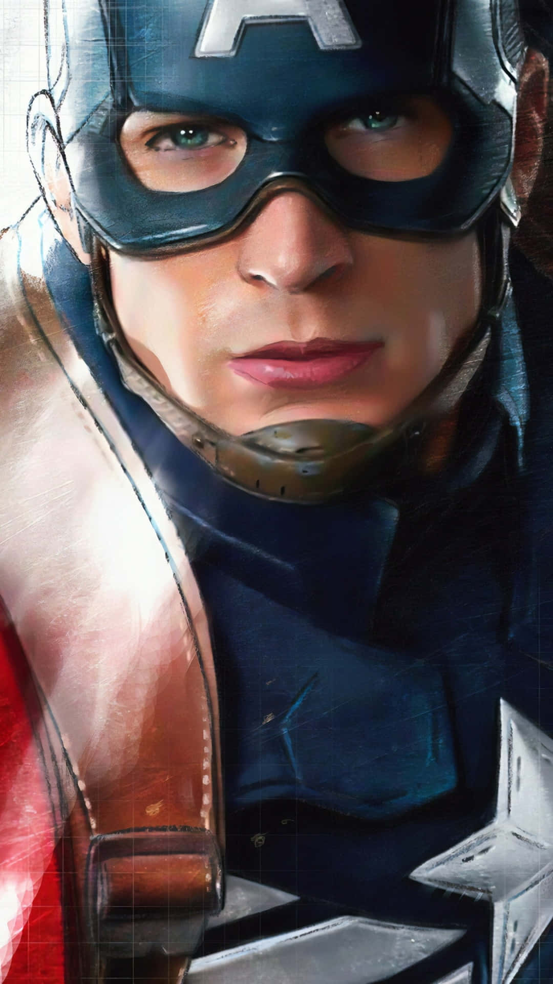 Android Captain America 桌布 壁紙 — 美國隊長身穿標誌性藍色星條旗制服的近距離肖像，帶有紅色和白色點綴。