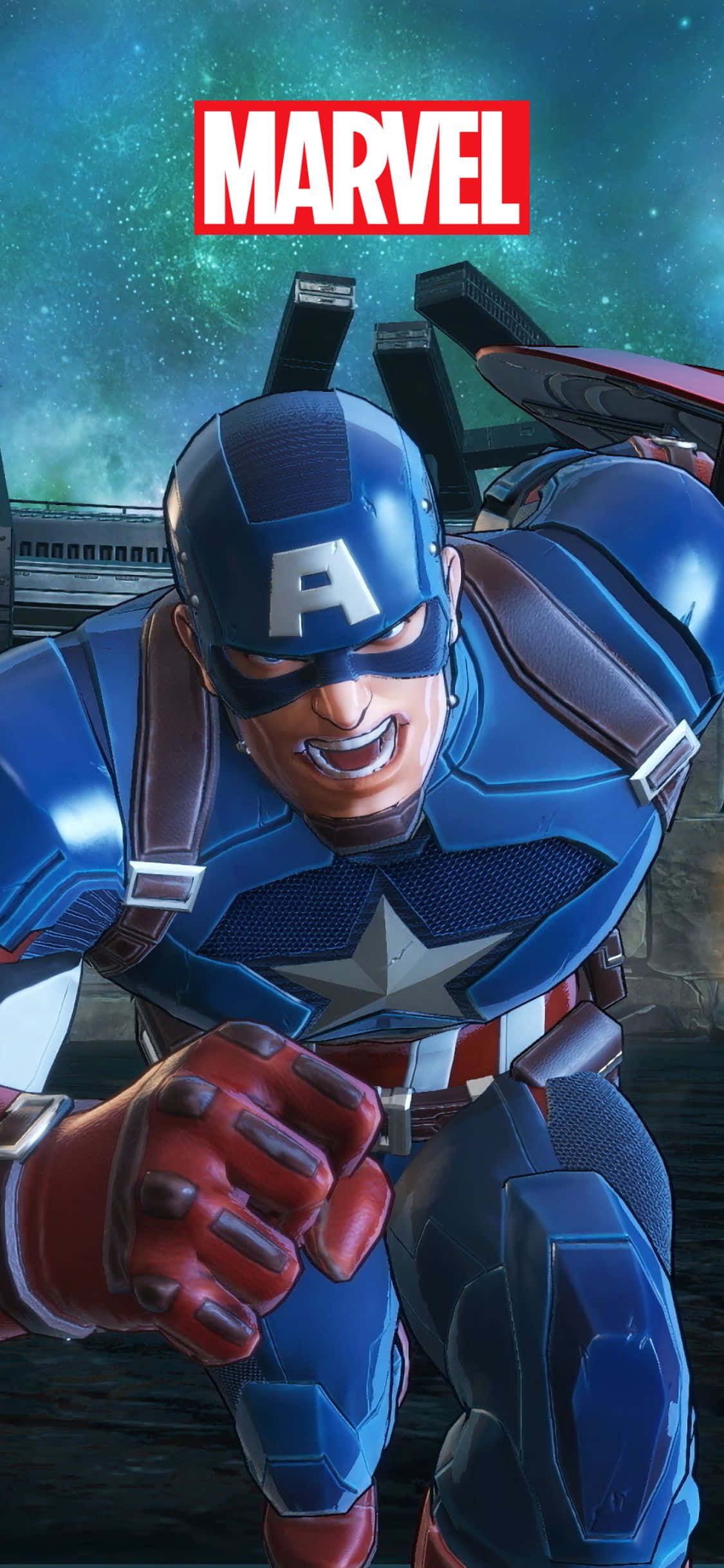Captain America Cool 桌布 壁紙 — 美國隊長身穿藍、紅、白色戰衣，在星空宇宙背景下握緊拳頭，上方有Marvel標誌。