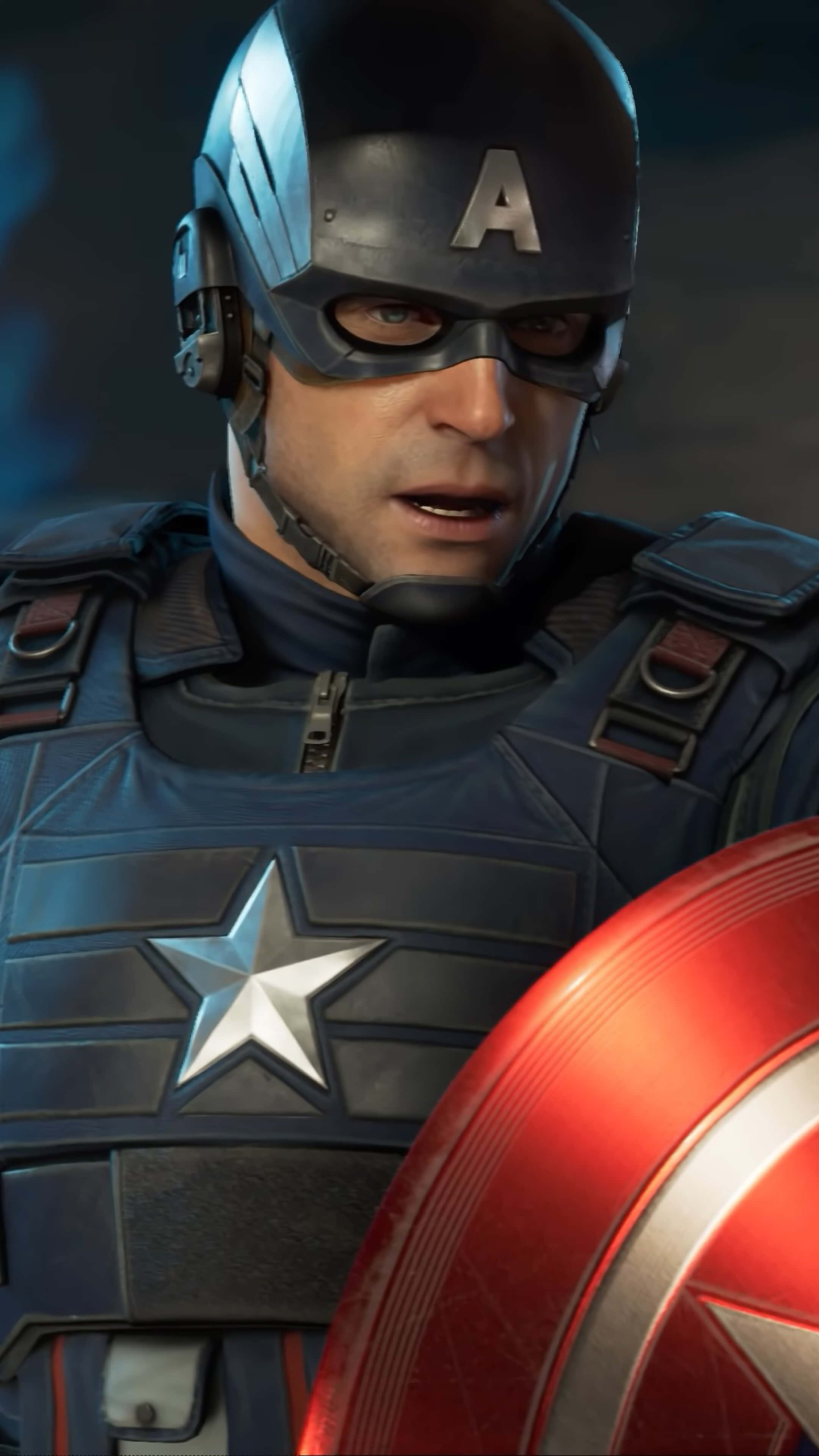 4K Marvel's Avengers 桌布 壁紙 — 美國隊長身穿詳細戰術裝備，帶有標誌性星形徽章和紅色盾牌，戲劇性特寫。