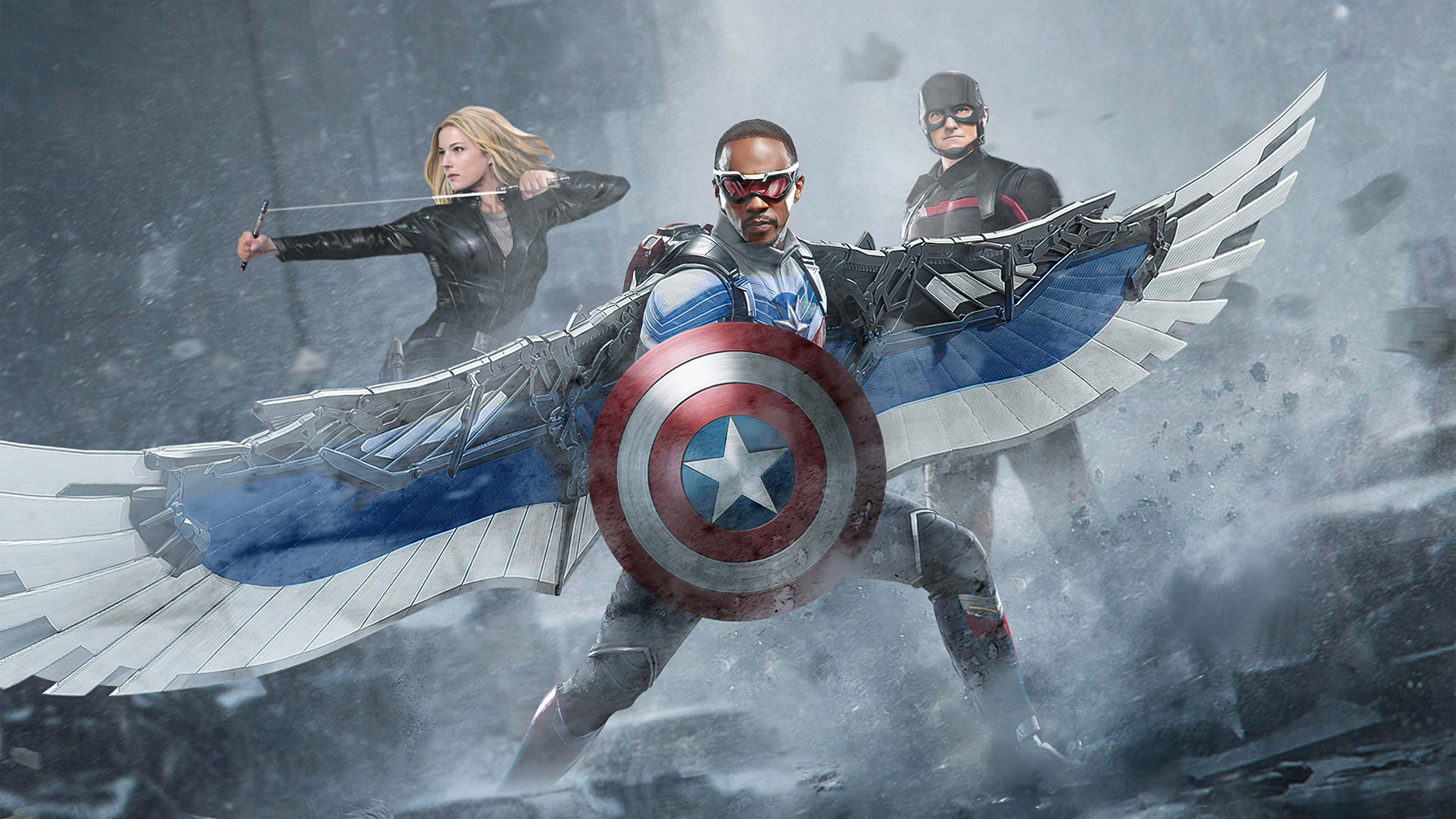 Captain America Desktop 桌布 壁紙 — 美國隊長配備機械翼和盾牌，在暴風雨般的戰鬥場景中準備就緒，鷹眼和獵鷹在他兩側。