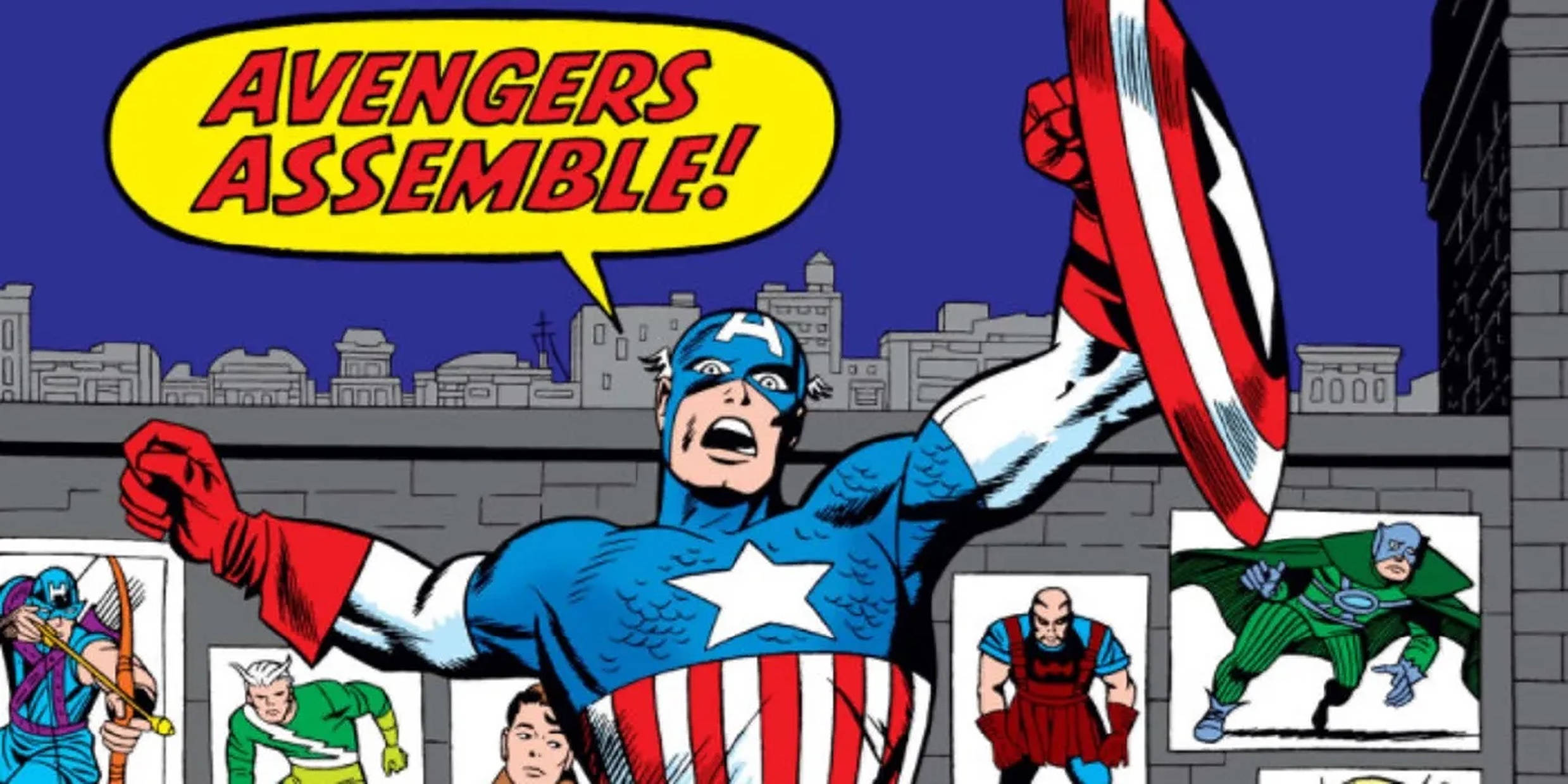 Assemble 桌布 壁紙 — 美國隊長高喊復仇者集結，同時高舉盾牌於城市景觀之上，下方面板有其他英雄。