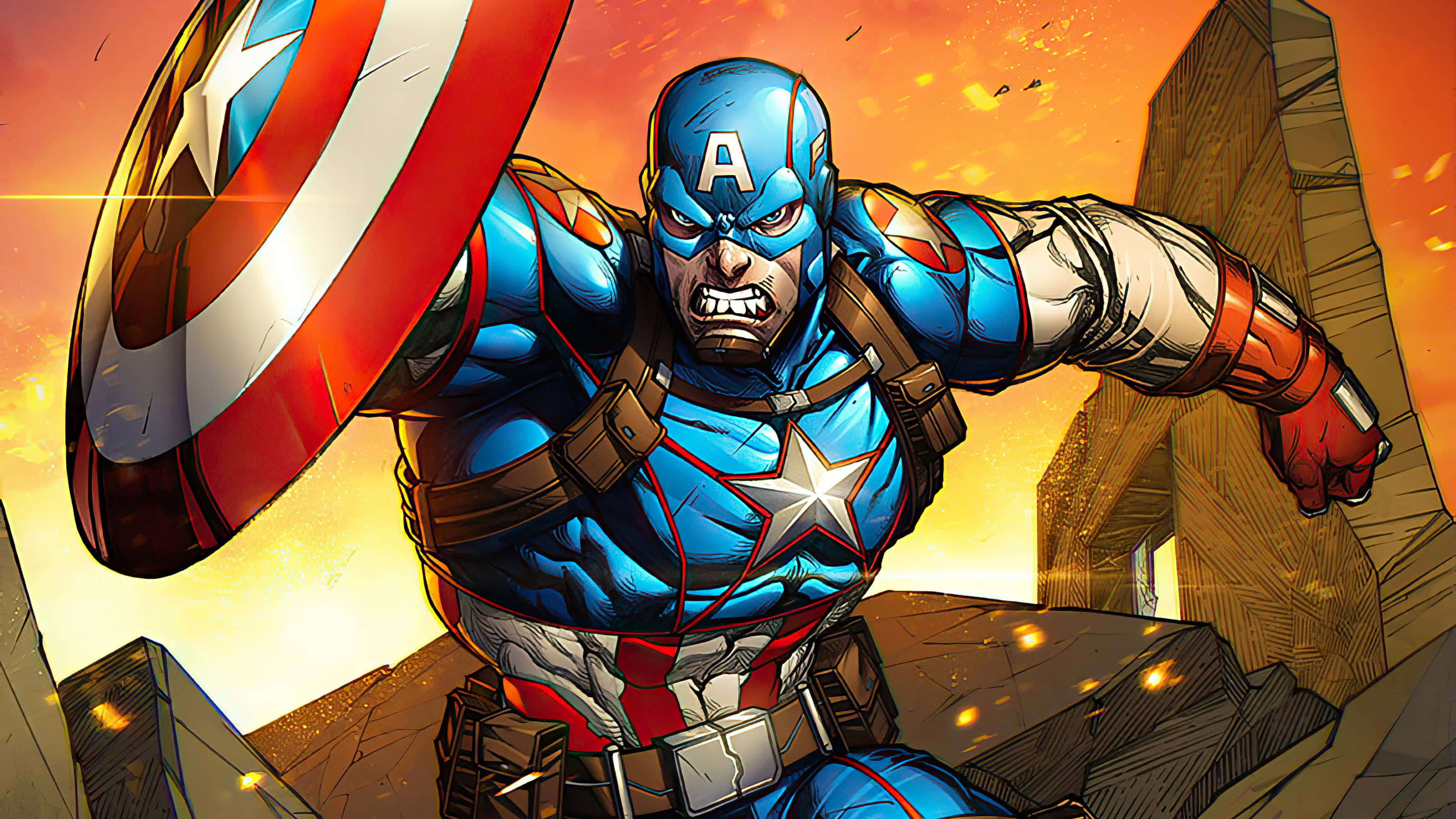 Retro Captain America 桌布 壁紙 — 美國隊長高舉盾牌，在熾熱的橙色夕陽背景下向前衝鋒。