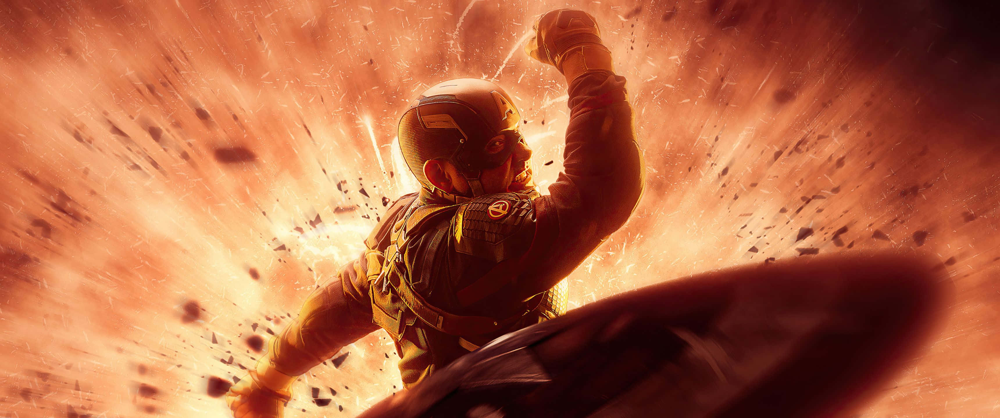 3440x1440p Captain America 桌布 壁紙 — 美國隊長高舉盾牌，英勇地衝破爆炸，對抗燃燒的碎片。