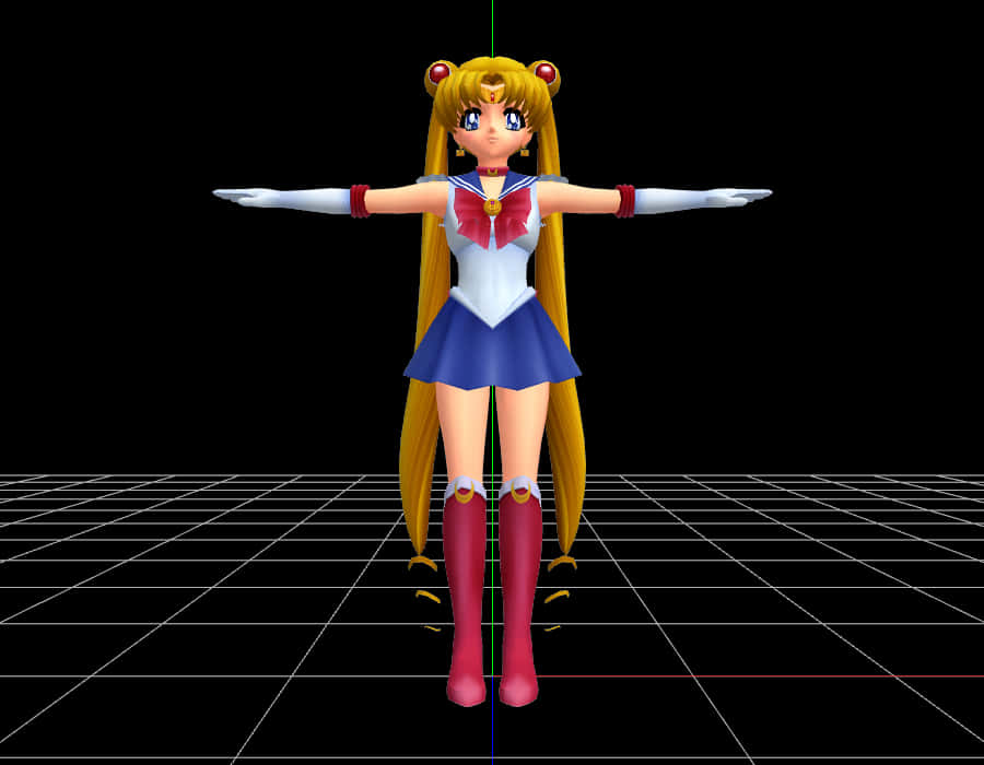美少女戰士 桌布 壁紙 — 美少女戰士3D模型站在網格中央，雙臂伸展，背景為黑色。