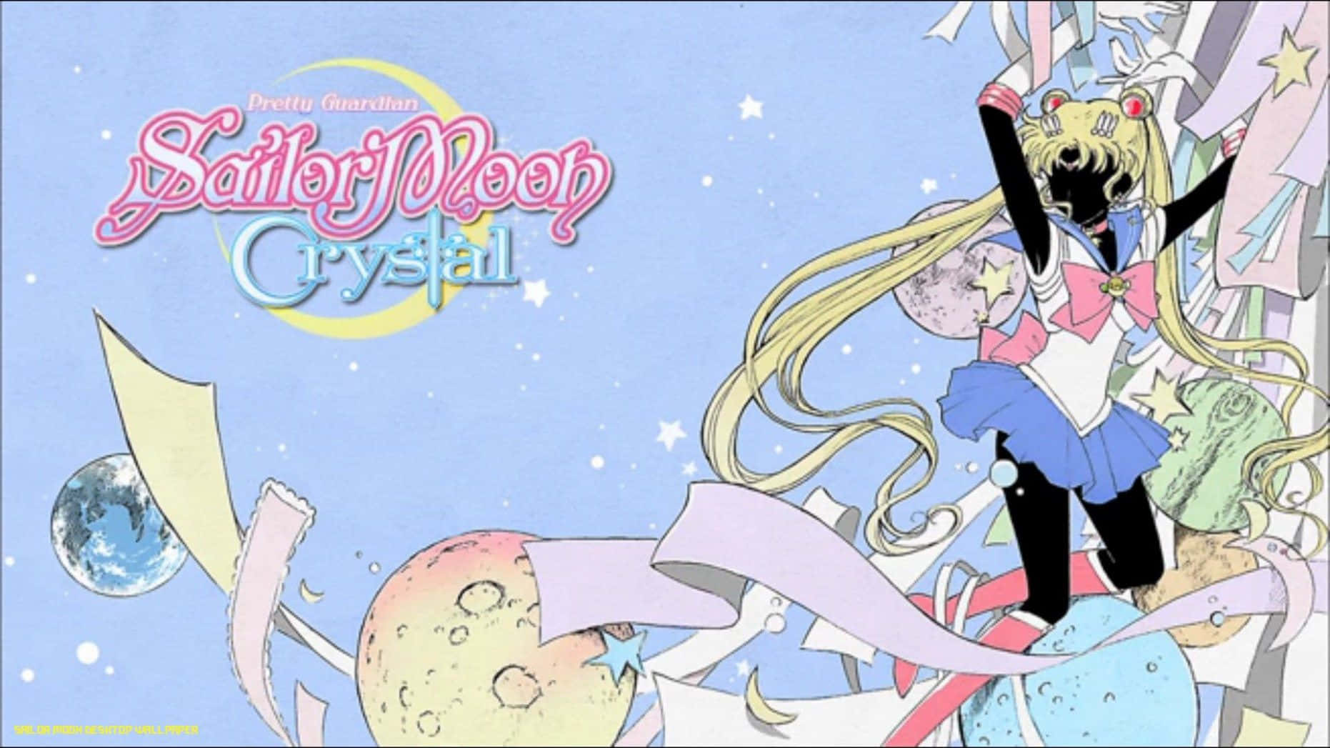 美少女戰士 桌布 壁紙 — 美少女戰士Crystal標題卡，金髮女主角穿著水手服，在星空下置身宇宙碎片和漂浮行星之間。