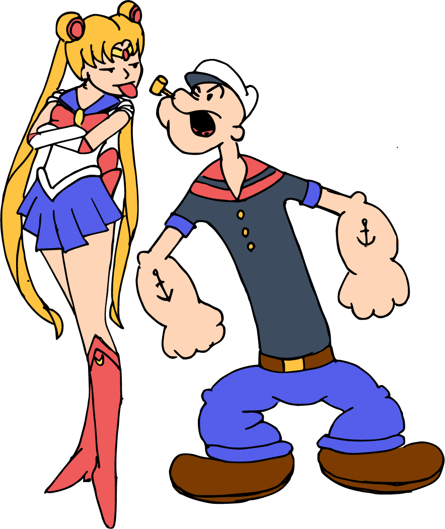 剪貼畫 桌布 壁紙 — 美少女戰士Sailor Moon頑皮地伸出舌頭，對著大力水手Popeye，後者在黑色背景前舉起拳頭大喊。