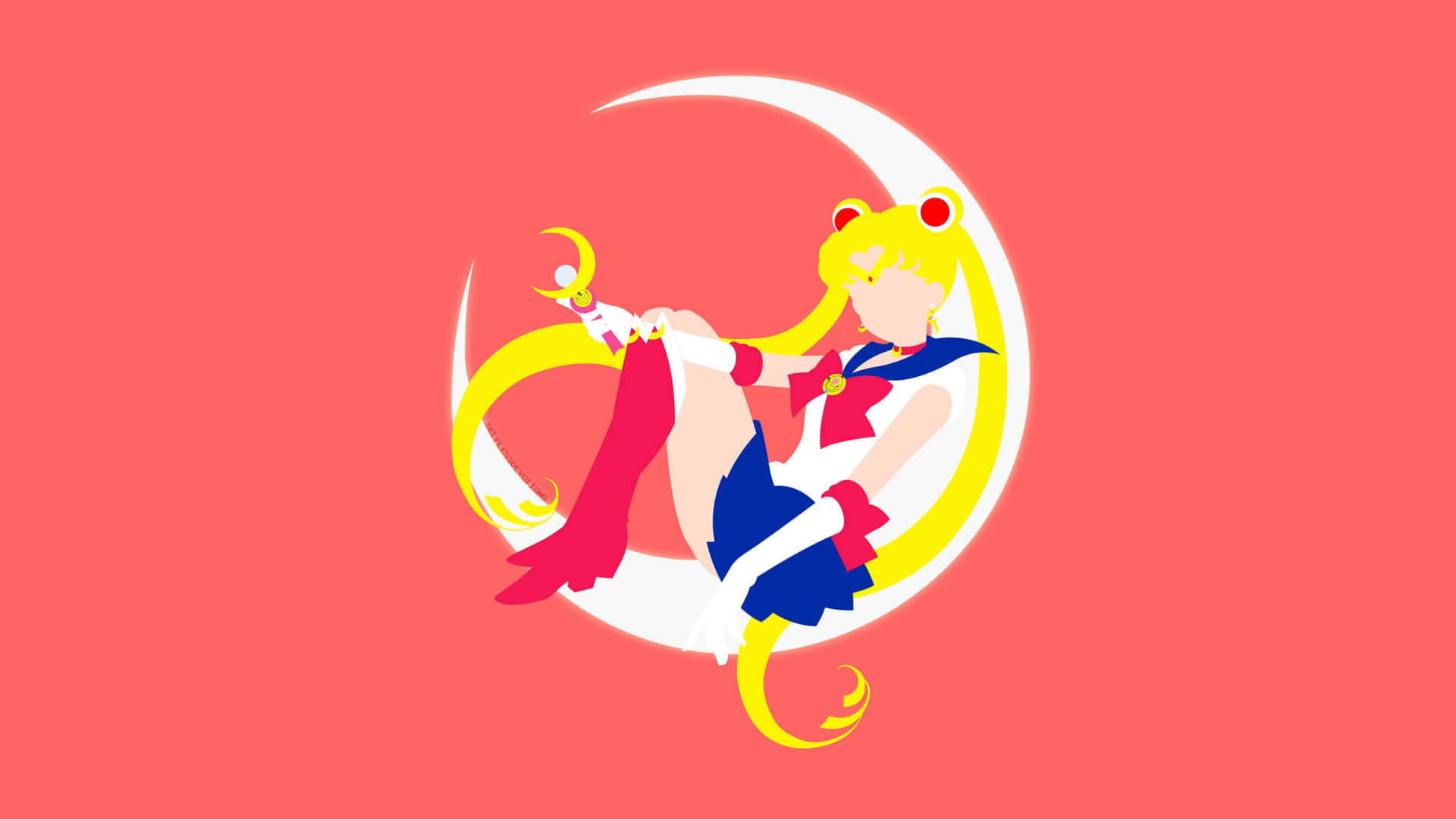 美少女戰士 桌布 壁紙 — 美少女戰士以標誌性姿勢，被新月環繞，背景為珊瑚粉紅色。