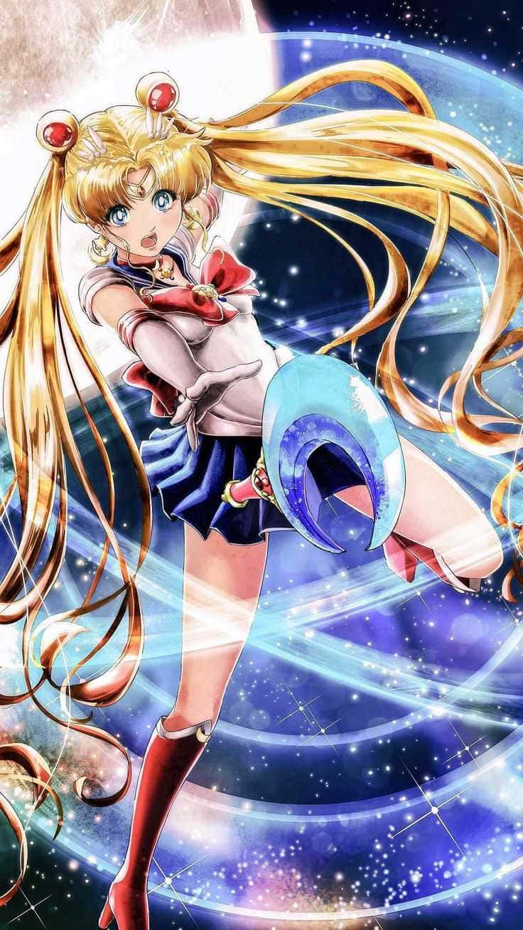 美少女戰士穿著標誌性服裝，在星光燦爛的宇宙背景下揮舞著發光的彎月杖。 — 美少女戰士 GIF 壁紙