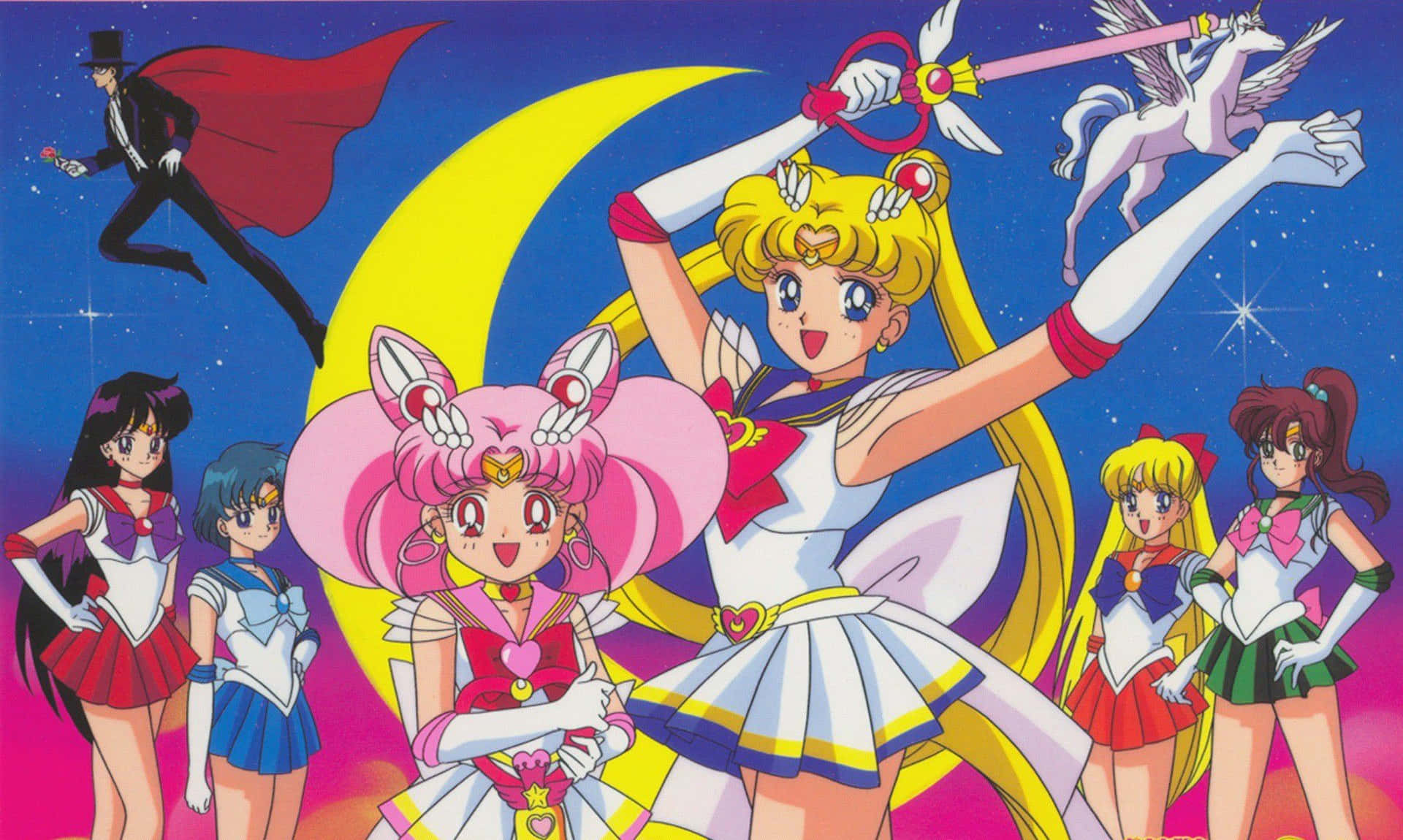 Aesthetic Sailor Moon 桌布 壁紙 — 美少女戰士和她的朋友們穿著色彩繽紛的水手服，在繁星點點的夜空背景下英勇地擺姿勢，背景有一彎新月。