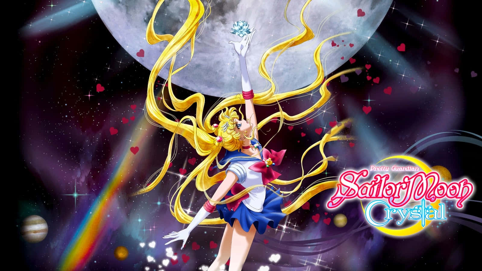 美少女戰士 桌布 壁紙 — 美少女戰士在宇宙背景下優雅地漂浮，在滿月下手持發光水晶，周圍環繞著心形和星星。