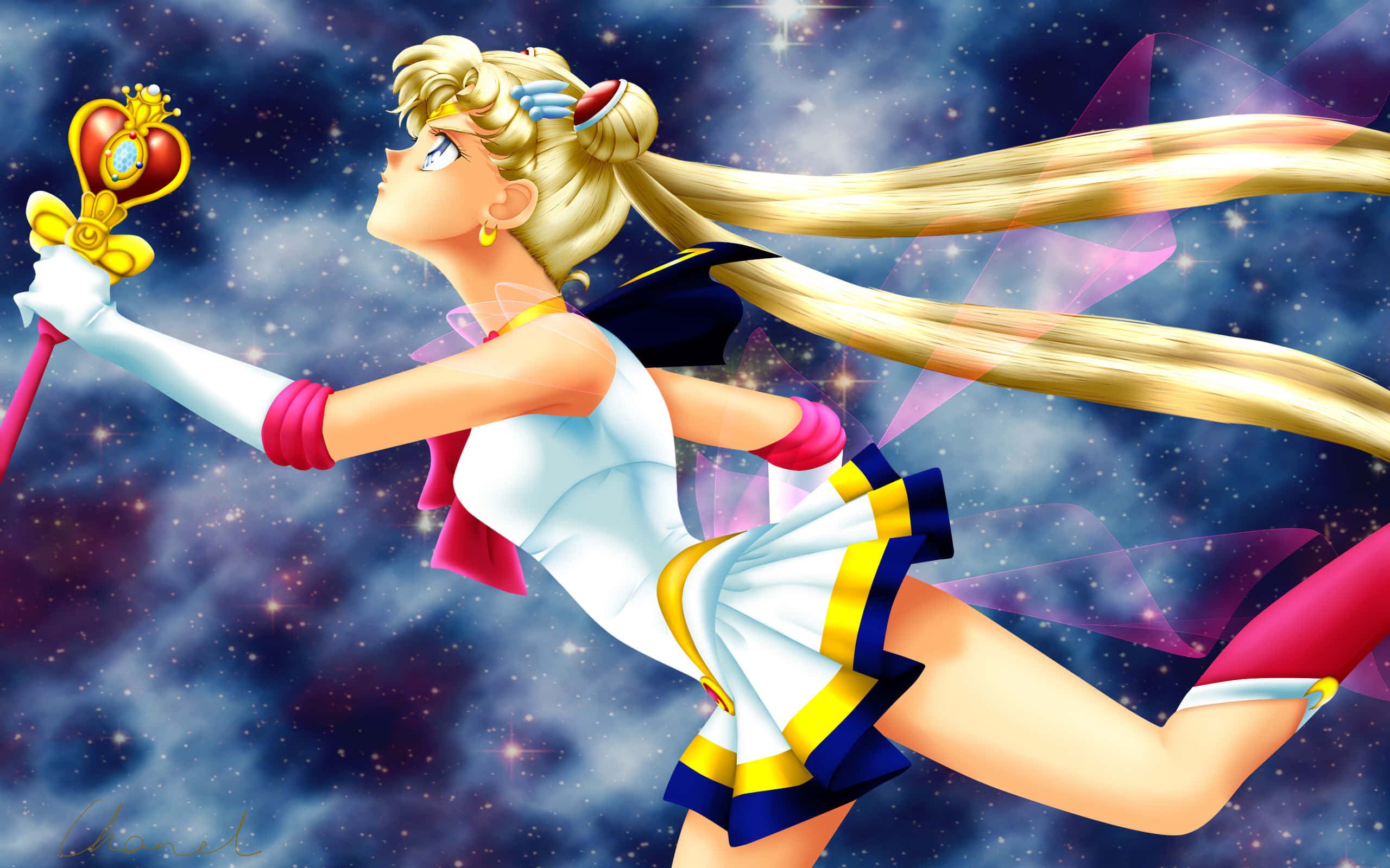 動漫女孩 桌布 壁紙 — 美少女戰士月野兔在星光燦爛的宇宙天空中動態跳躍，揮舞著她發光的心形魔杖。