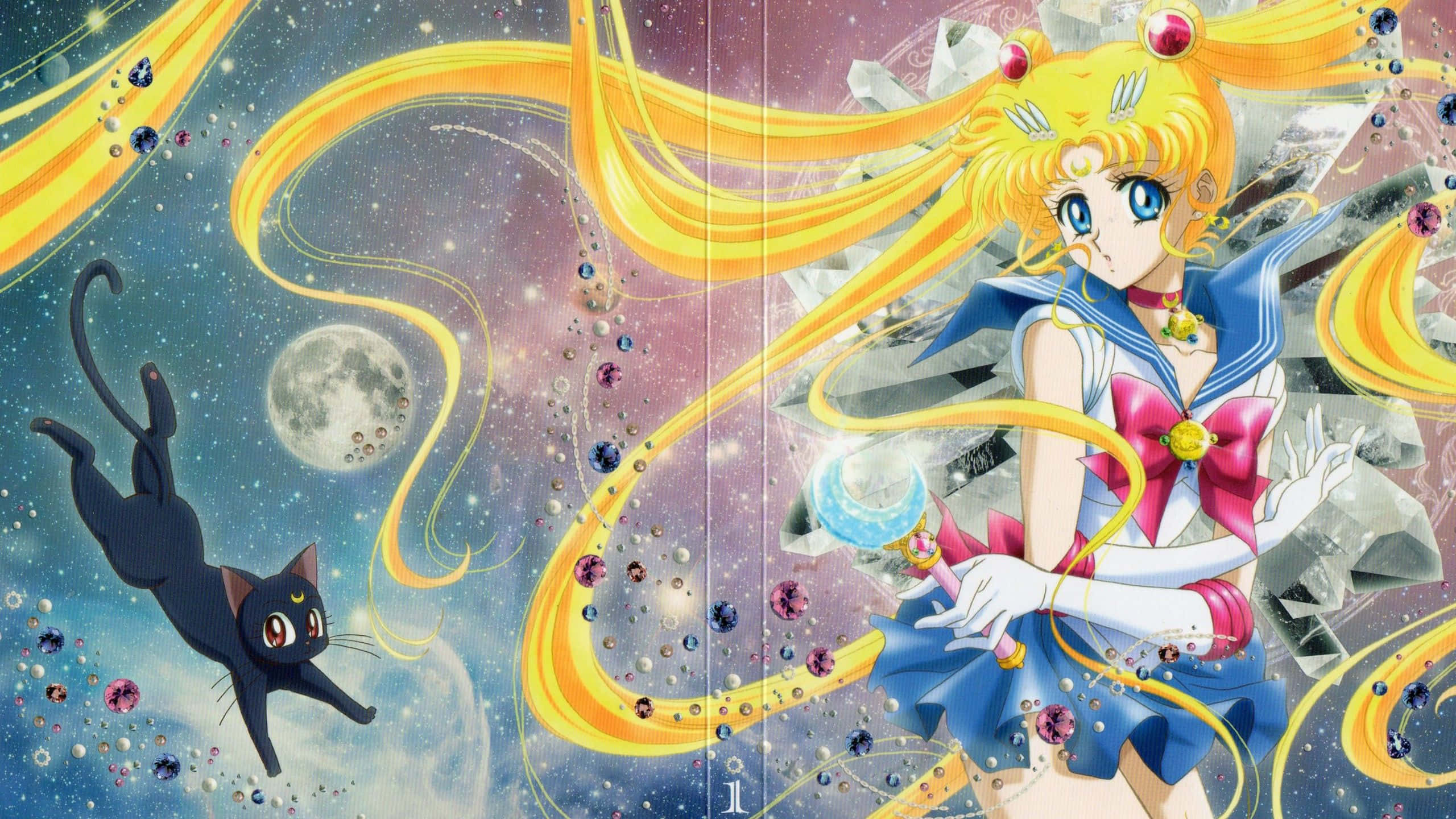 Aesthetic Sailor Moon 桌布 壁紙 — 美少女戰士月野兔飄逸金髮與黑貓露娜在閃爍寶石和滿月中漂浮於宇宙場景。