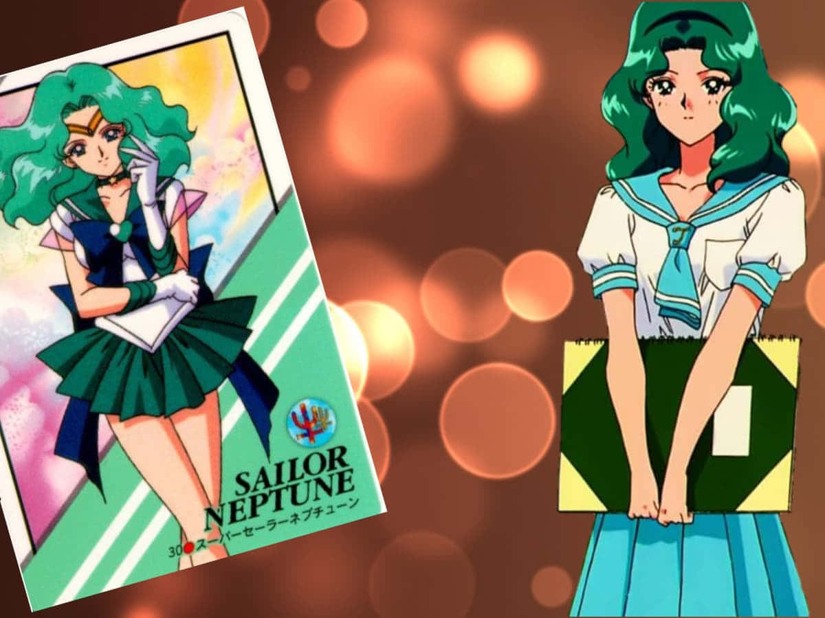 sailor neptune 桌布 壁紙 — 美少女戰士海王星動畫角色出現兩次——一次是集換式卡牌，一次是全身插圖，背景是溫暖的散景。