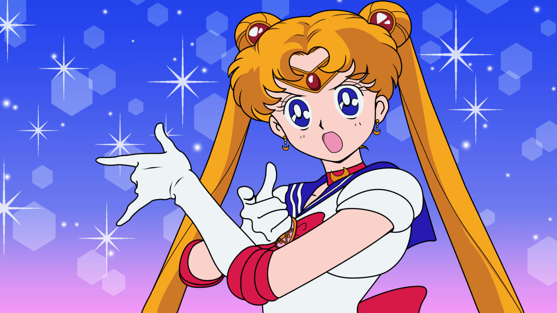 Aesthetic Sailor Moon 桌布 壁紙 — 美少女戰士穿著標誌性的水手服，在閃爍的藍色和紫色星空背景下愉快地擺姿勢。