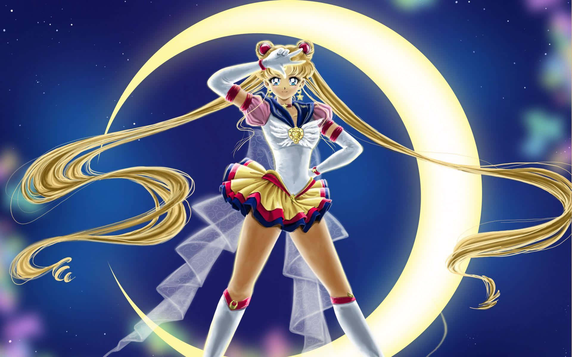 sailor moon crystal 桌布 壁紙 — 美少女戰士自信地站在發光的彎月前，金色長髮飄逸，背景是繁星點點的夜空。