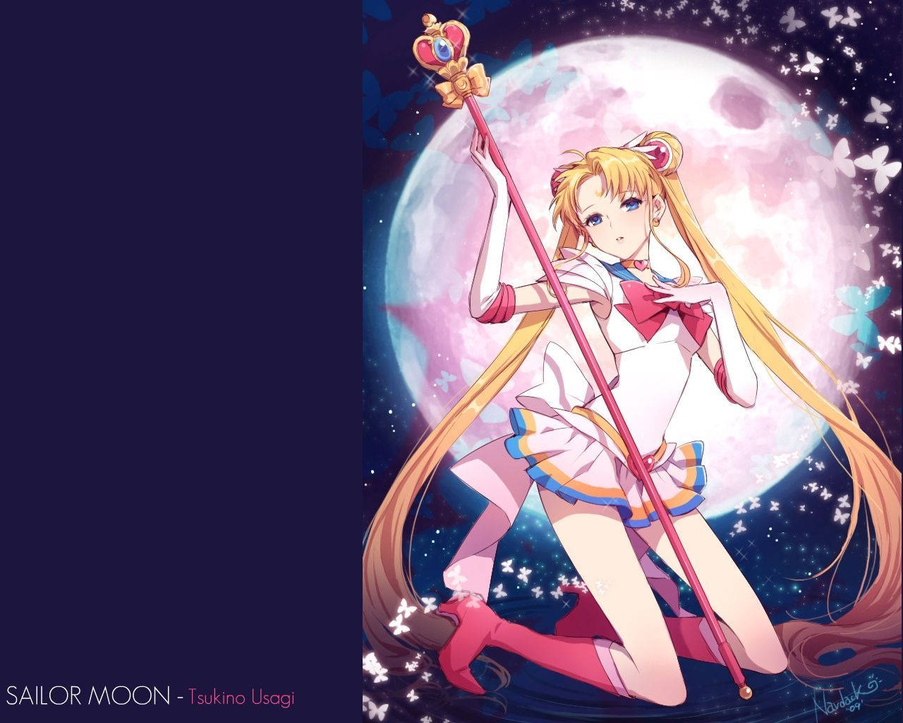美少女戰士 桌布 壁紙 — 美少女戰士跪在發光的滿月前，手持權杖，周圍漂浮著蝴蝶，在星空夜空中。