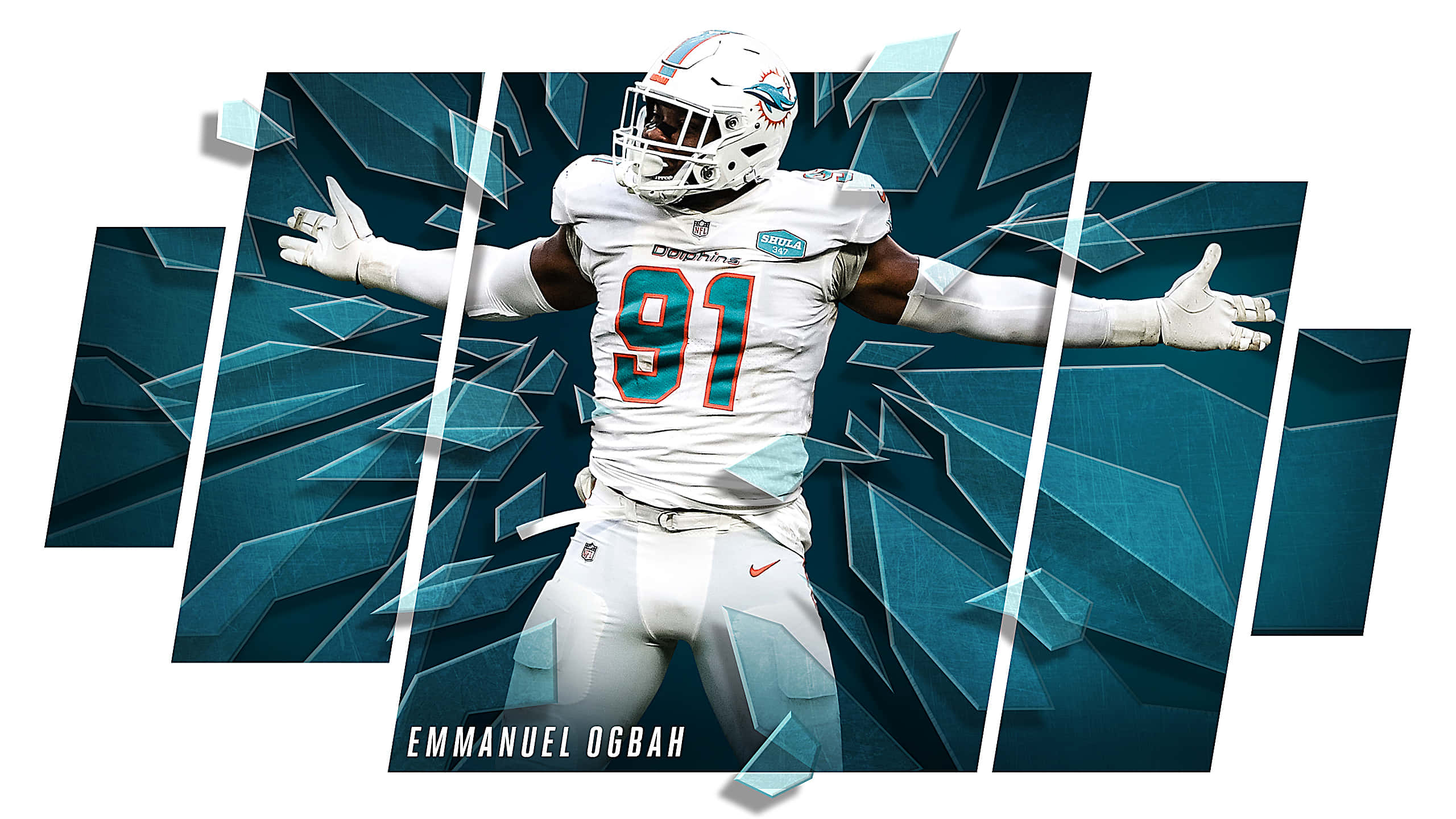 足球 桌布 壁紙 — 美式足球員 Emmanuel Ogbah 身穿白色邁阿密海豚隊球衣，雙臂張開，背景為破碎的青綠色幾何圖案。