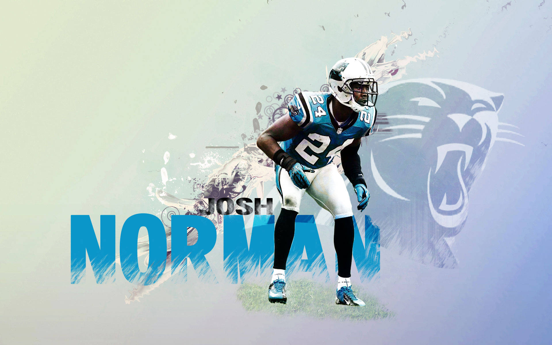Panthers 桌布 壁紙 — 美式足球員 Josh Norman 身穿卡羅萊納黑豹隊裝備，在帶有球隊標誌的風格化潑濺背景前蓄勢待發。