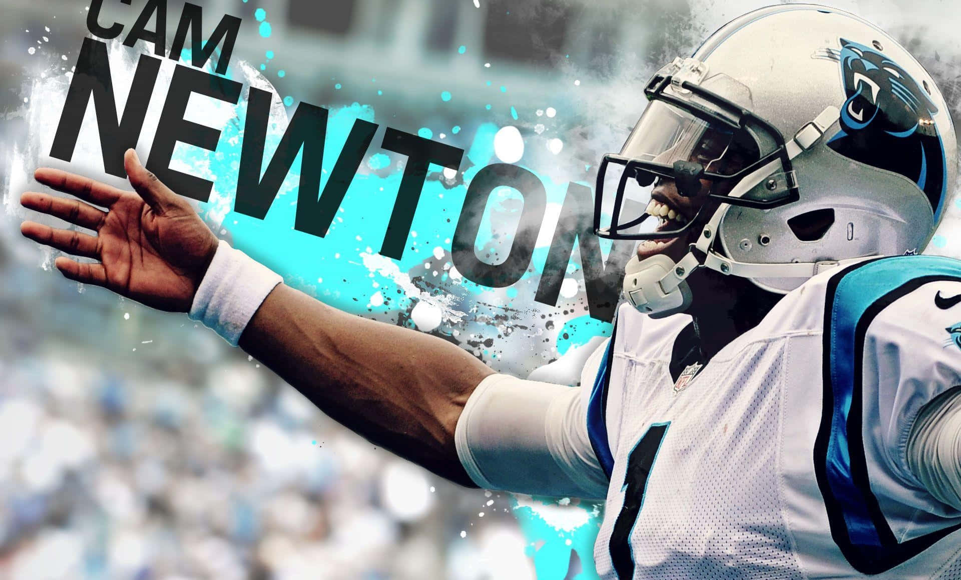 Cam Newton 桌布 壁紙 — 美式足球員Cam Newton身穿卡羅萊納黑豹隊裝備，在充滿活力的青綠色和白色潑濺背景前張開雙臂慶祝。