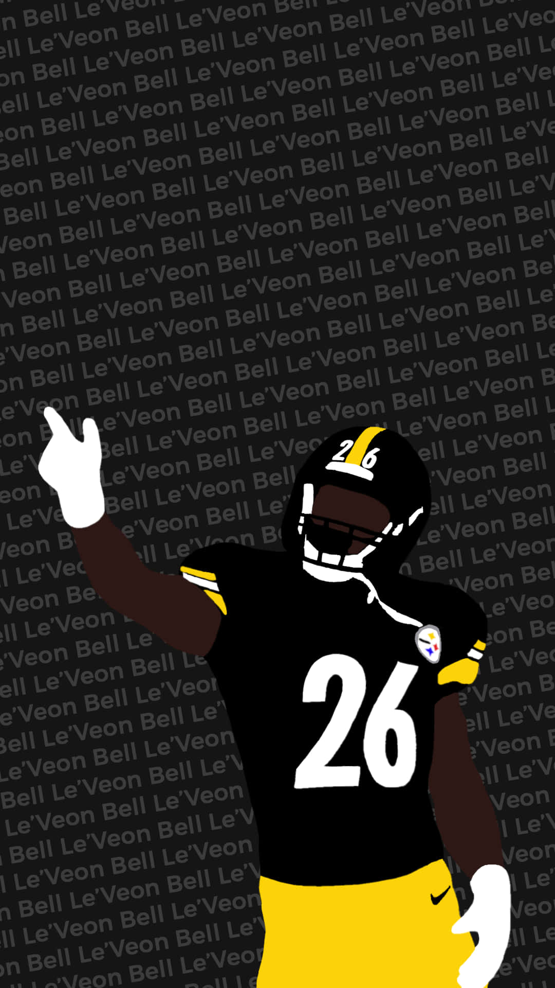 Steelers Phone 桌布 壁紙 — 美式足球員Le'Veon Bell身穿黑金色制服，在重複名字背景前做出和平手勢的剪影。