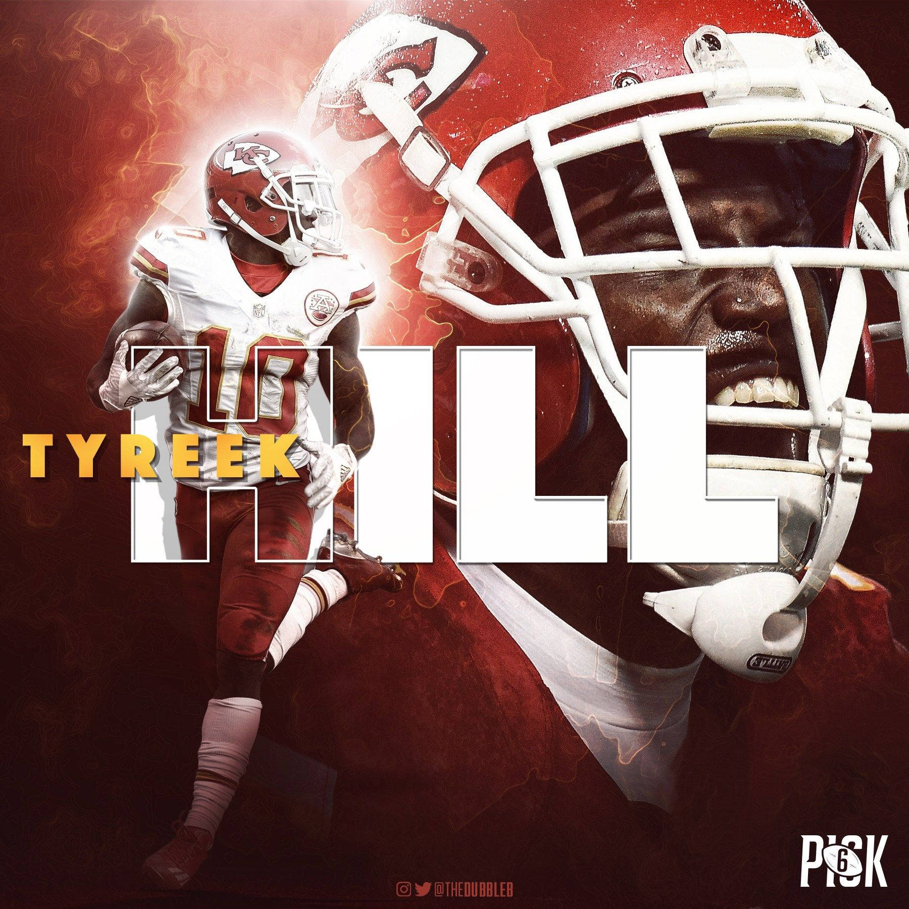 Tyreek Hill 桌布 壁紙 — 美式足球員Tyreek Hill動感十足的數位藝術肖像，帶有火紅能量和粗體字型。
