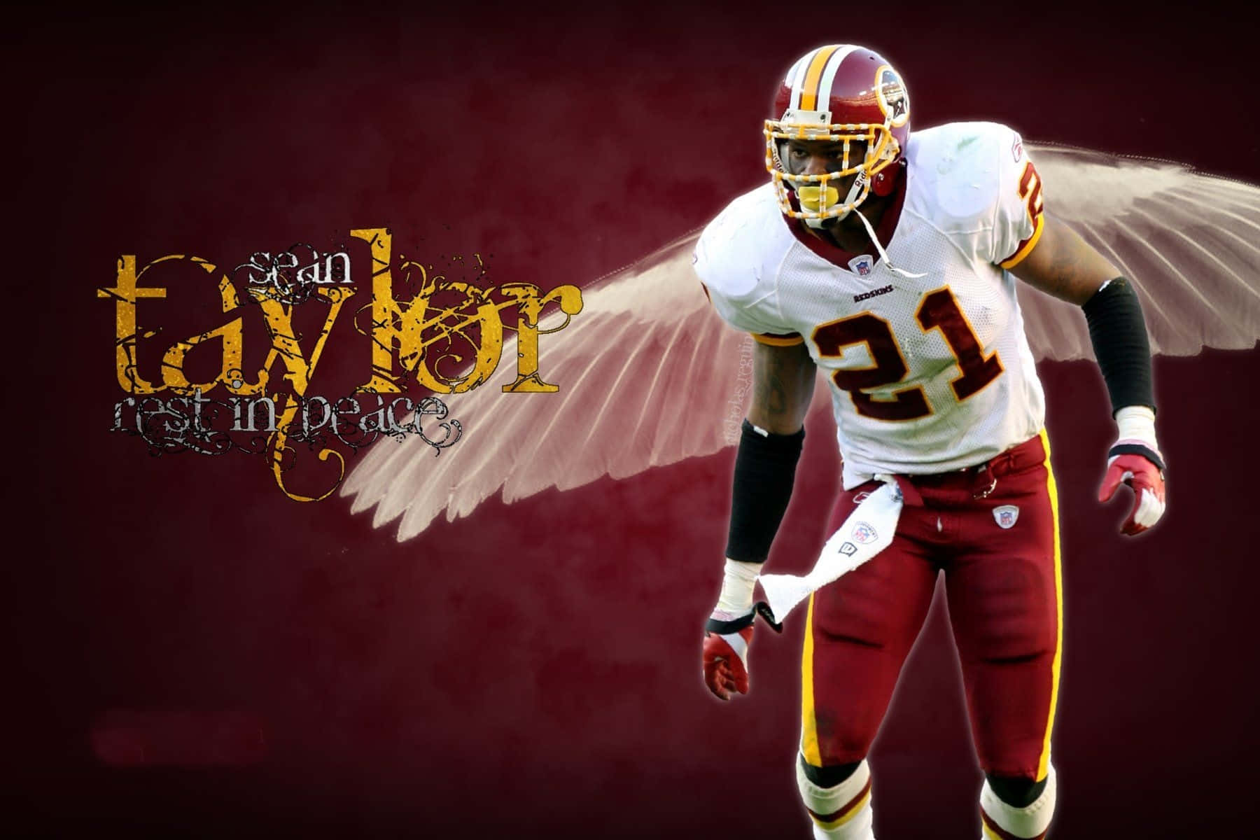 Washington Redskins 桌布 壁紙 — 美式足球員肖恩·泰勒身穿華盛頓紅皮隊球衣，在深栗色背景上帶有天使翅膀。