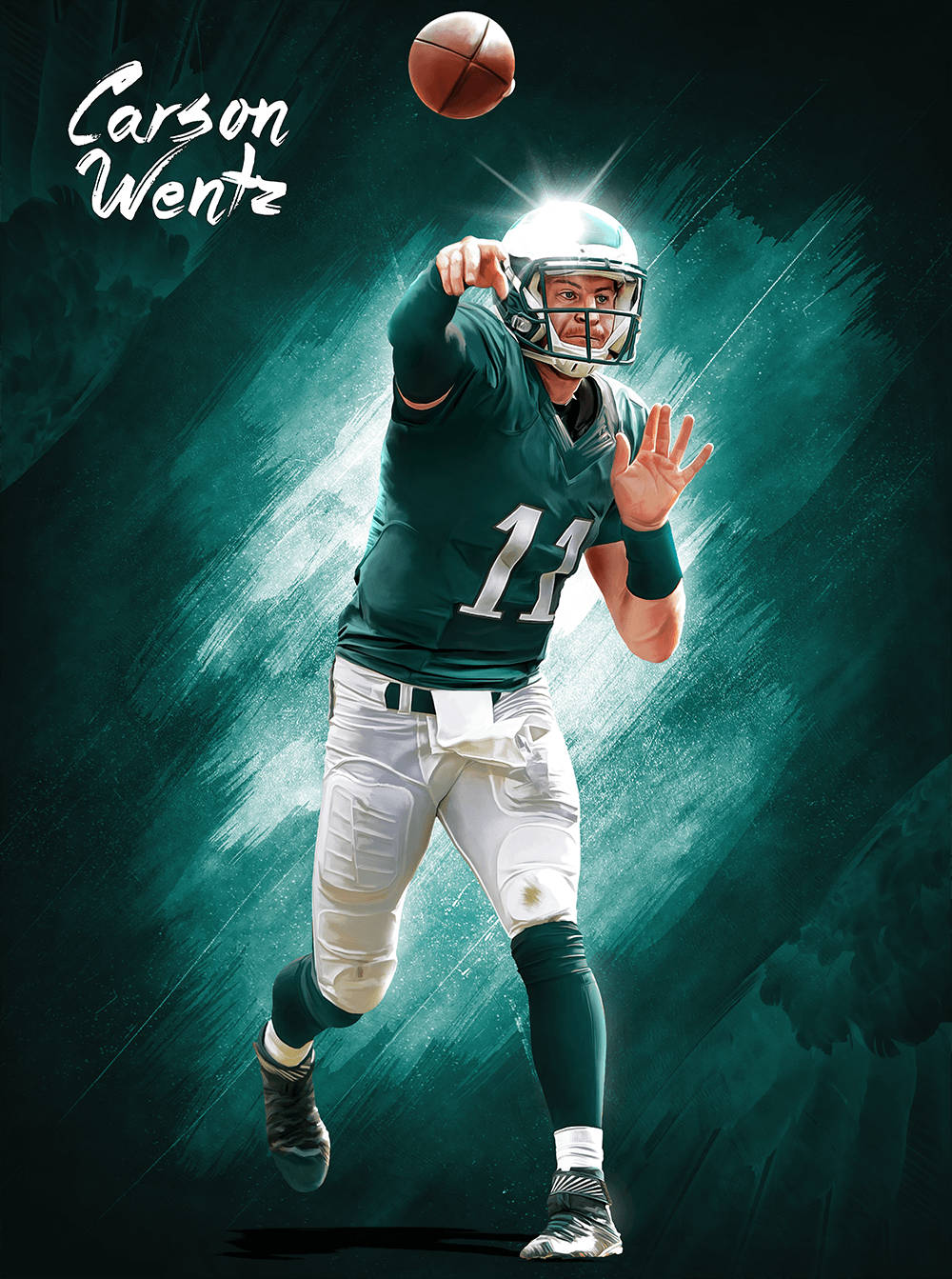 運動 桌布 壁紙 — 美式足球四分衛 Carson Wentz 身穿青綠色11號球衣，在動態的青綠色和黑色背景前投球。