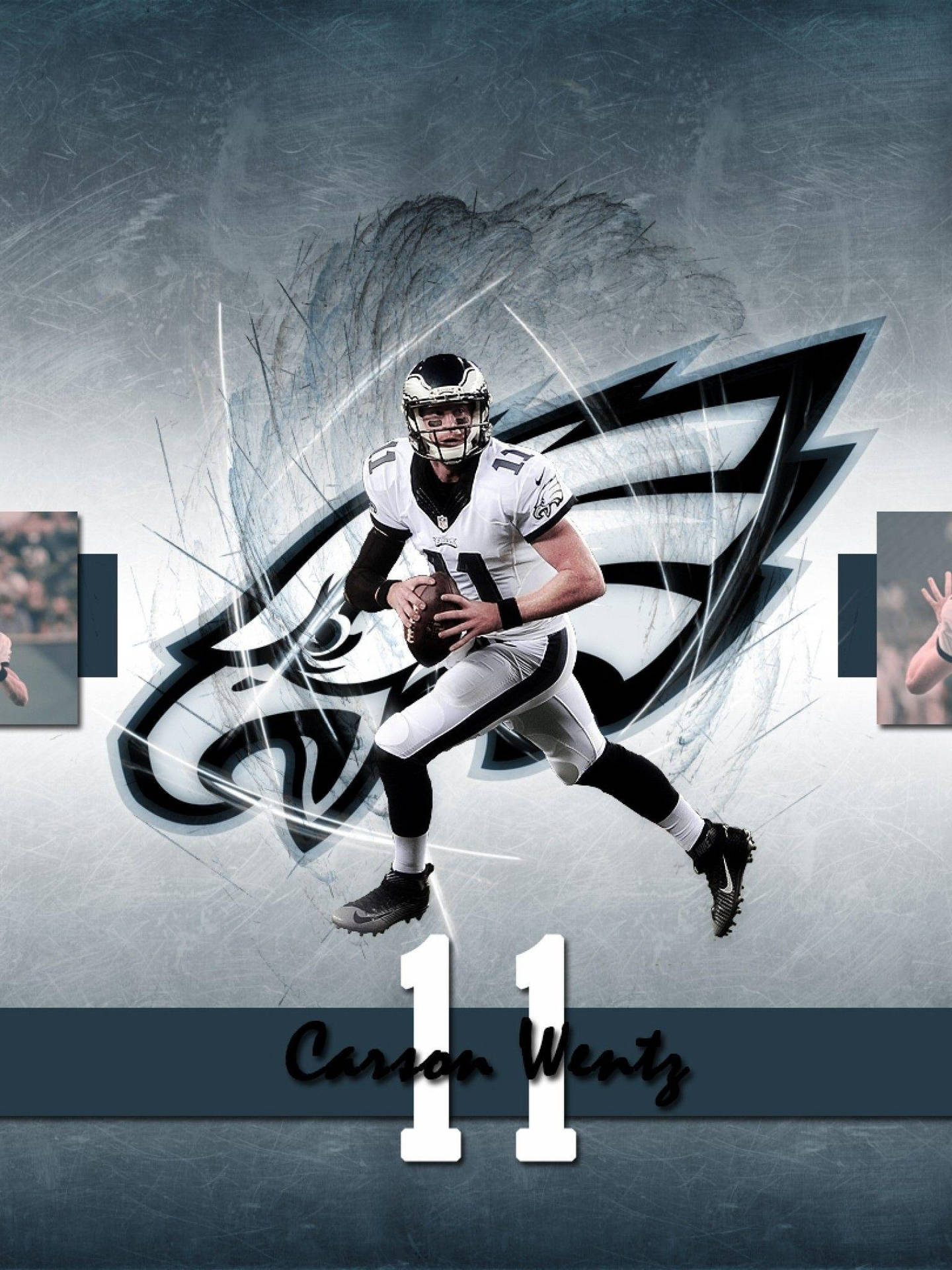 身穿老鷹隊球衣的美式足球員 Carson Wentz 正在傳球，帶有球隊標誌和 11 號。