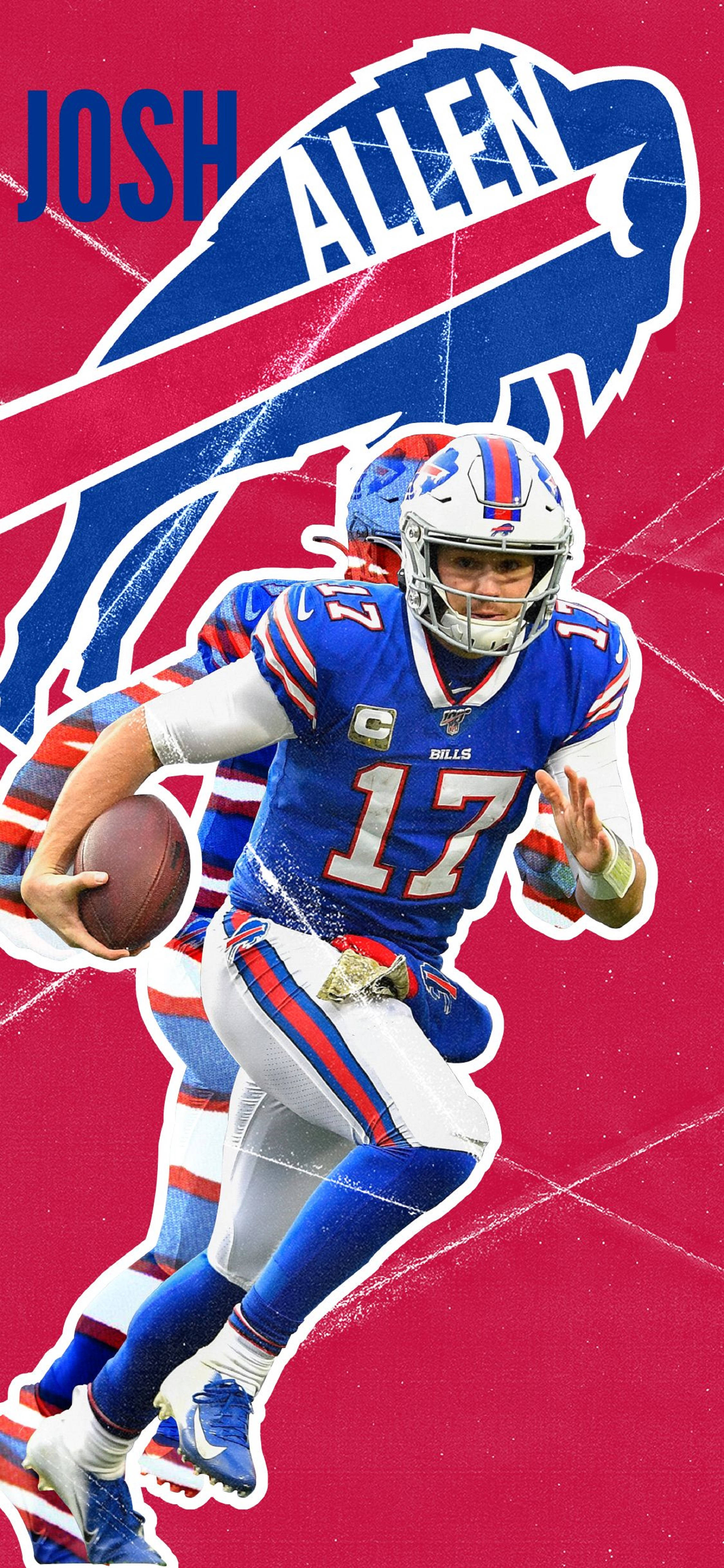 Josh 桌布 壁紙 — 美式足球四分衛 Josh Allen 身穿藍紅 Bills 球衣，在鮮紅色背景和球隊標誌前投球。