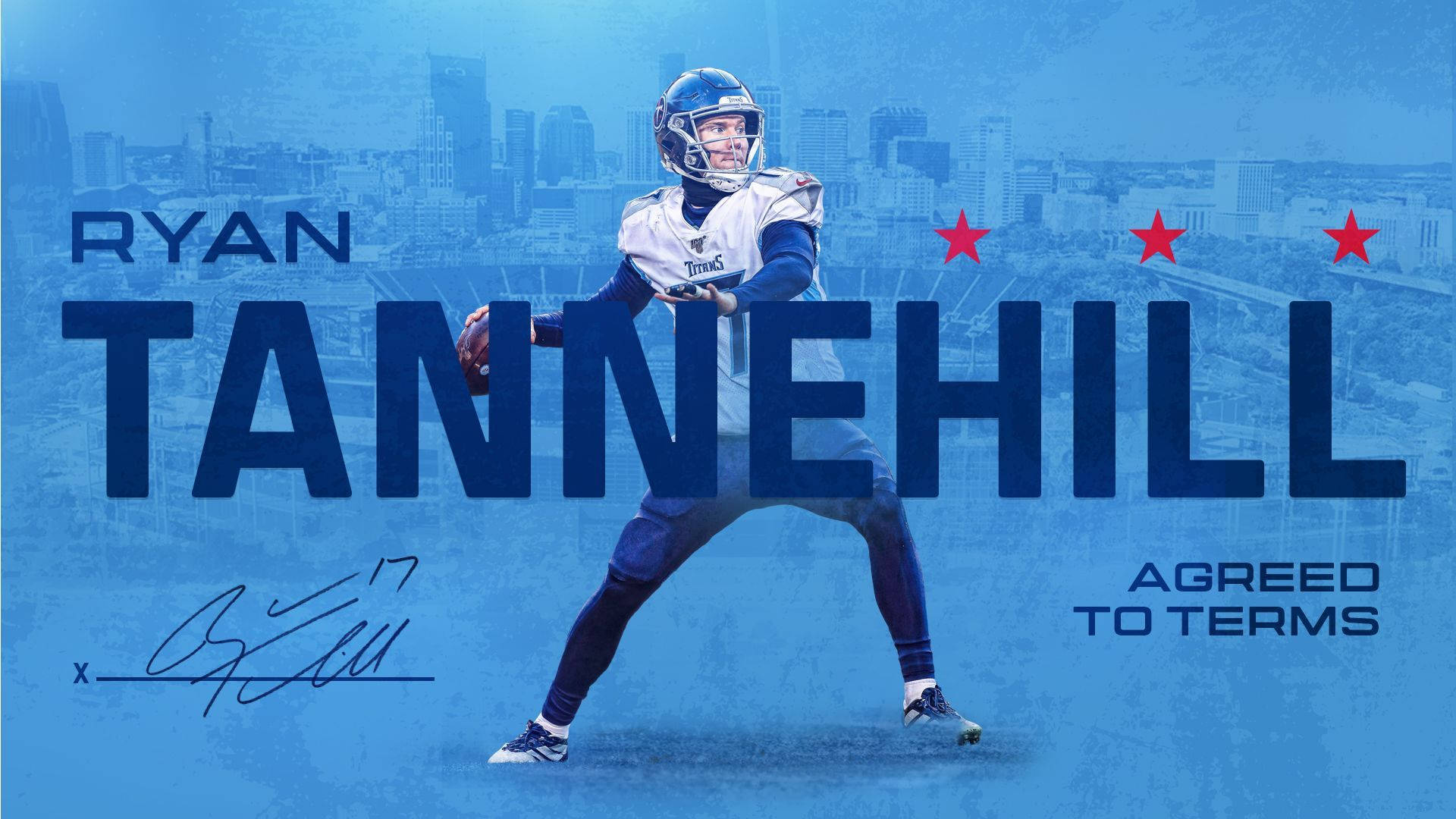 Ryan Tannehill 身穿泰坦隊服，準備投球，身後是城市天際線。 — NFL GIF 壁紙
