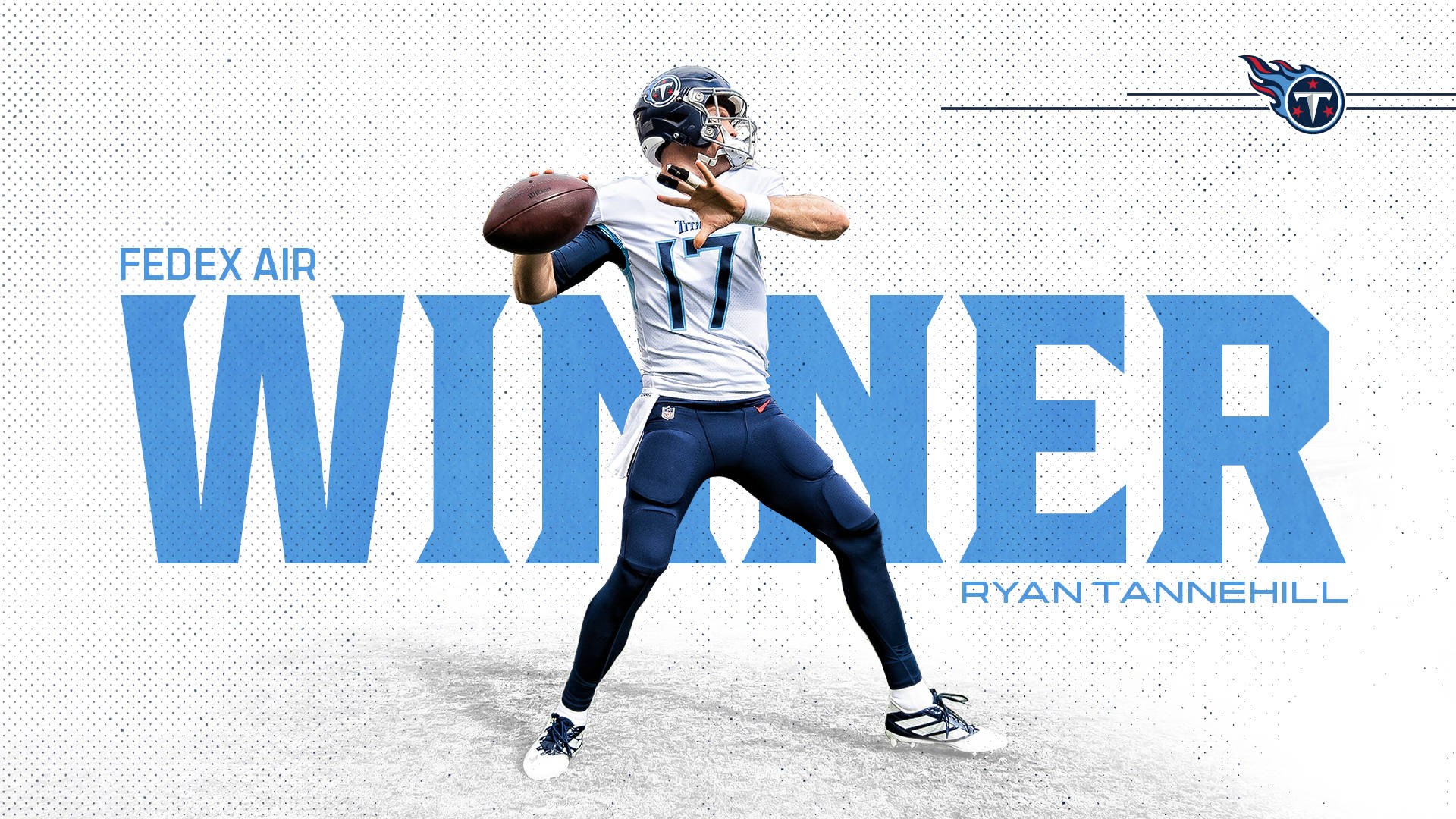 運動 桌布 壁紙 — 美式足球四分衛 Ryan Tannehill 身穿泰坦隊服，正在投球，帶有 'WINNER' 文字和 'FEDEX AIR' 品牌標識。