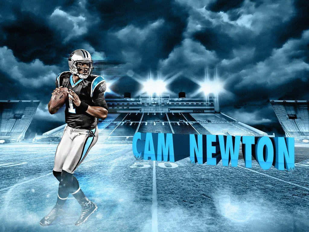 足球 桌布 壁紙 — 美式足球四分衛Cam Newton身穿黑色和藍色球衣，在戲劇性的球場燈光下，面對暴風雨的天空準備投球。