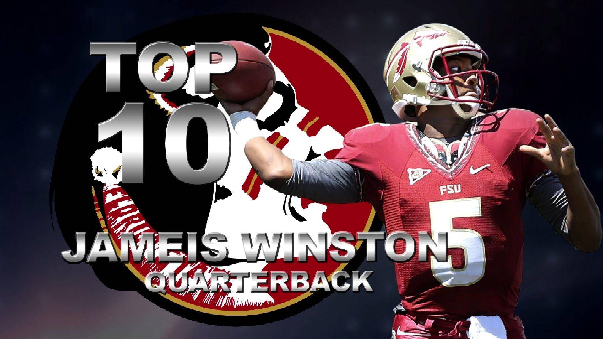 Jameis Winston FSU四分衛身穿紅色球衣，傳出美式足球，帶有「TOP 10」圖案。 — NFL GIF 壁紙